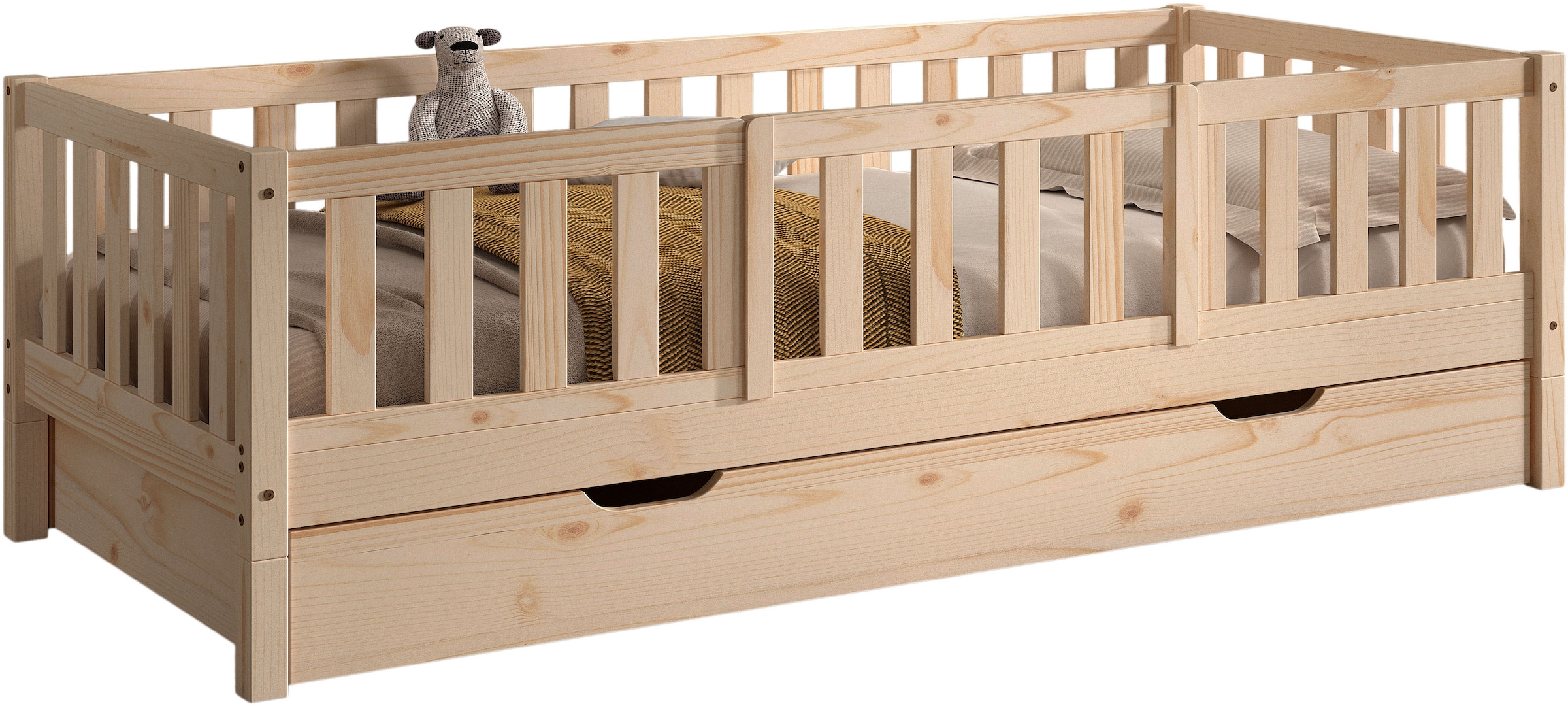 Vipack Daybett »Dallas Massiv Bett mit Rausfallschutz umbaubar vom Boden- zum Daybett« mit Bettschublade, wahlweise Kiefer massiv natur oder weiss