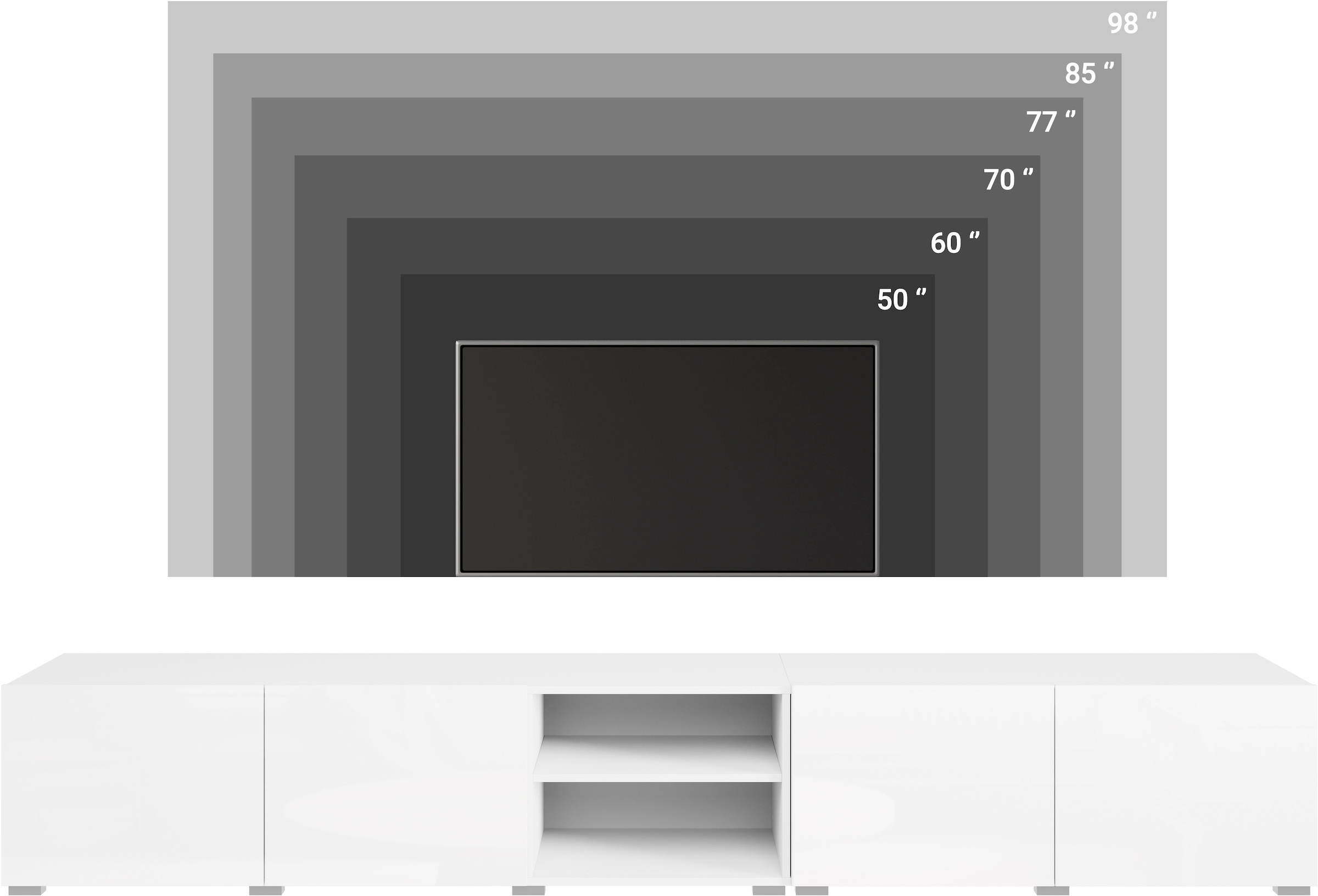 GOODproduct Lowboard »Denver 250 cm für bis zu 98-Zoll TVs - Weltmeisterschaft im XXL Format« Wahlweise mit oder ohne offenes Fach in der Mitte