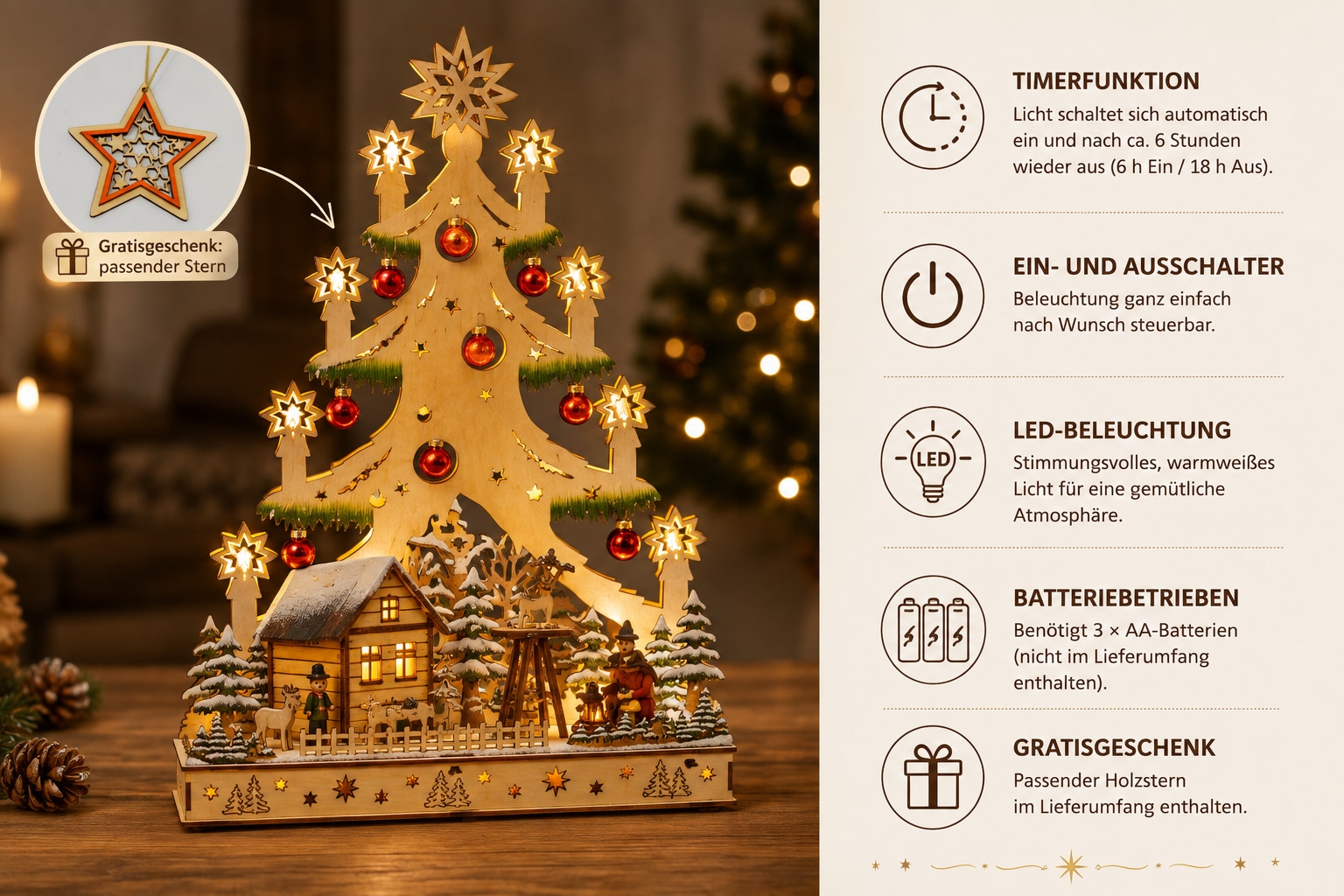 GOODproduct Weihnachtsszene »Fensterdeko« LED-Lichtbaum, Zeitschaltuhr, mit roten echten Glaskugeln verziert
