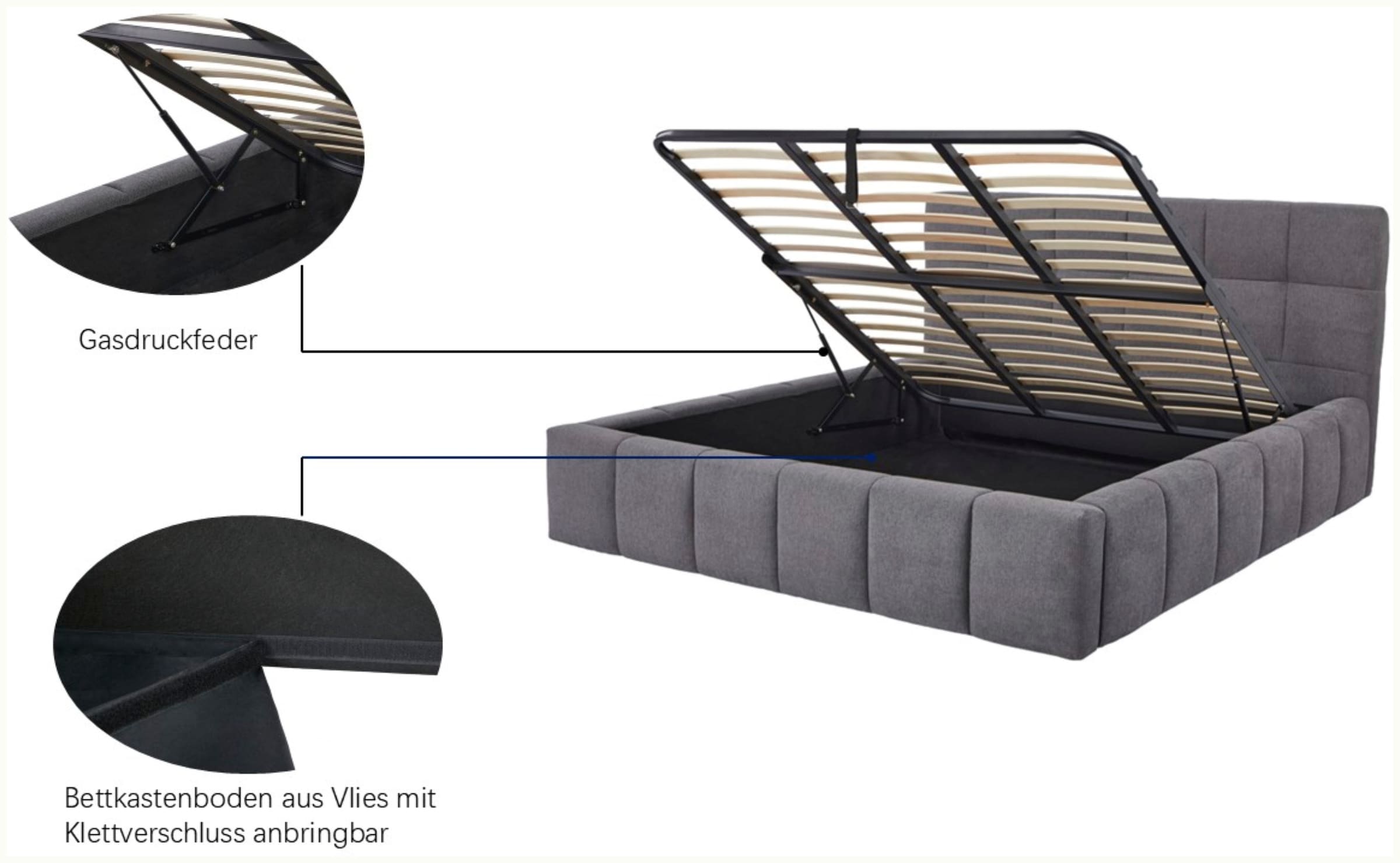 GOODproduct Lit rembourré »EDDION, Stauraumbett mit Lattenrost und Bettkasten, 180x200cm« hochwertiger Chenille-Bezug, gepolstertes Kopfteil und Rahmen