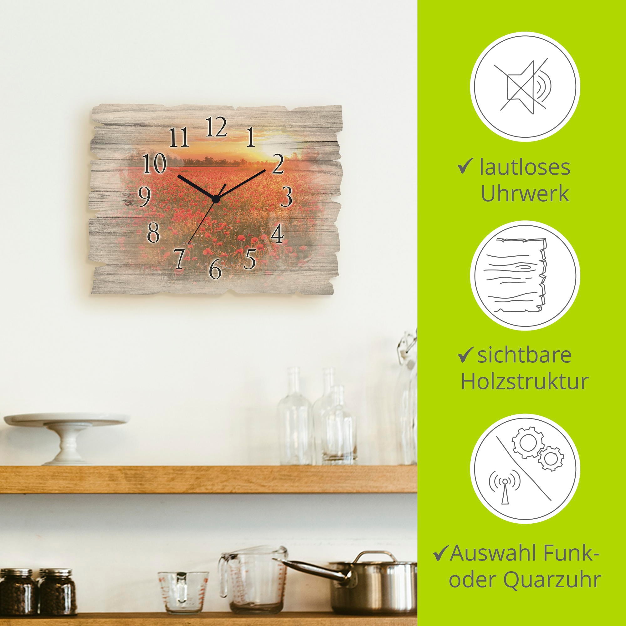 Artland Wanduhr »Mohnblumenfeld bei Sonnenuntergang« wahlweise mit Quarz- oder Funkuhrwerk, lautlos ohne Tickgeräusche