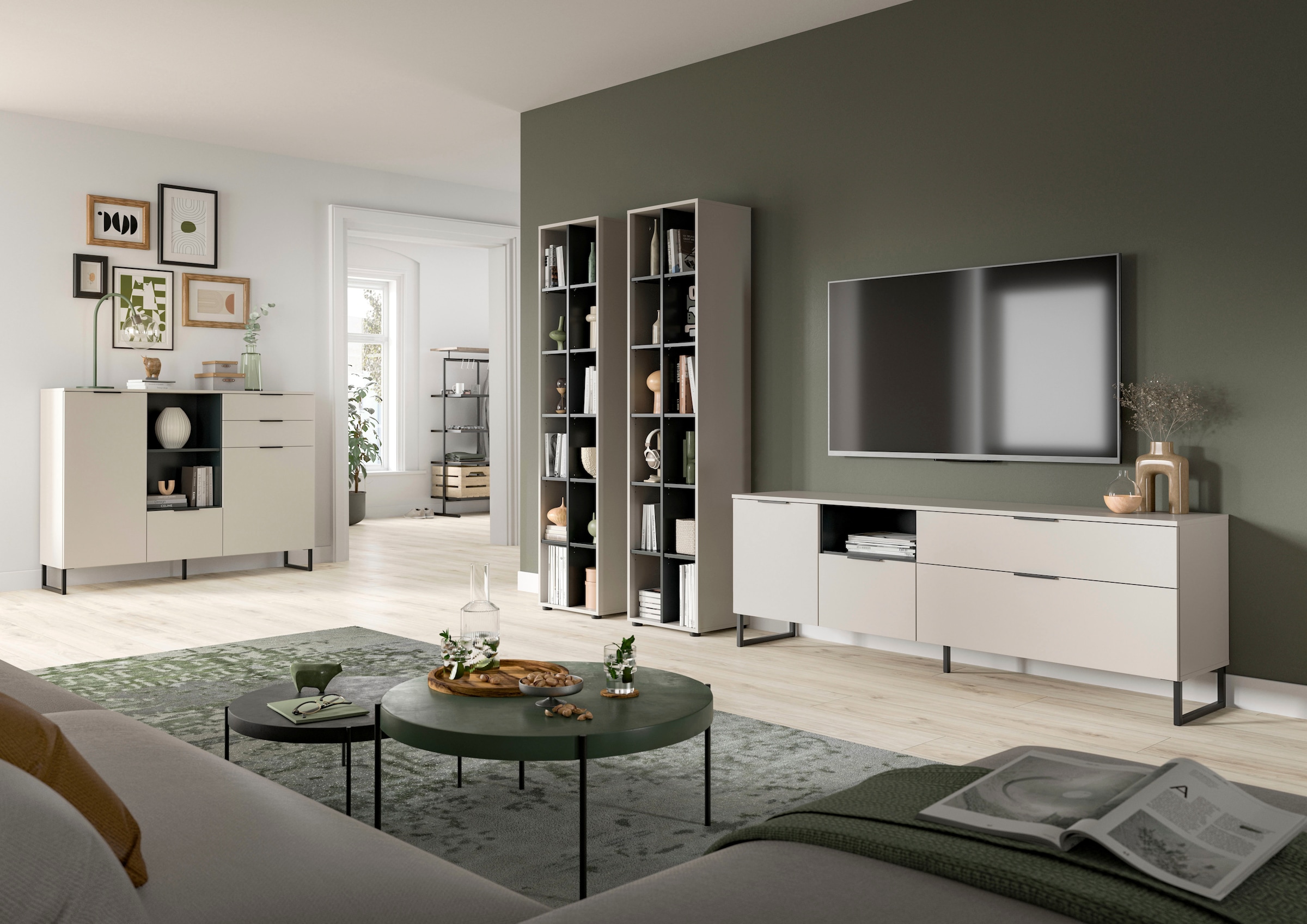 Home affaire Meuble mural »ADIO, Breite 305 cm, 3-teiliges Set, mit Metall-Kufenfüsse« Set, bestehend aus: 2x Standregal und Lowboard, 3 cuis tlg.