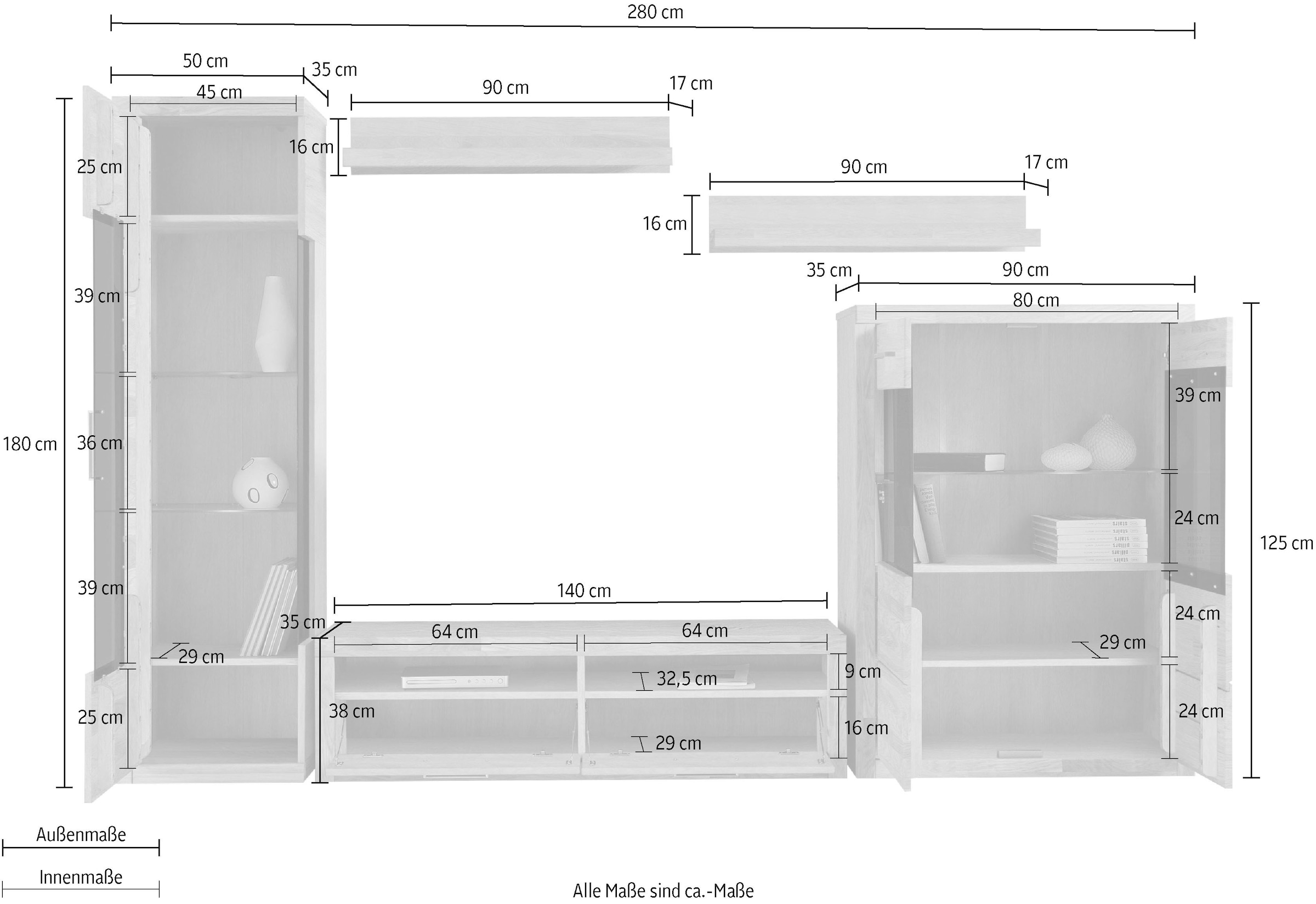 GOODproduct Wohnwand »Ribe: 5teilig, Breite: 280cm,Fronten aus Massivholz,Korpus aus Melamin« 5 Stk. tlg.