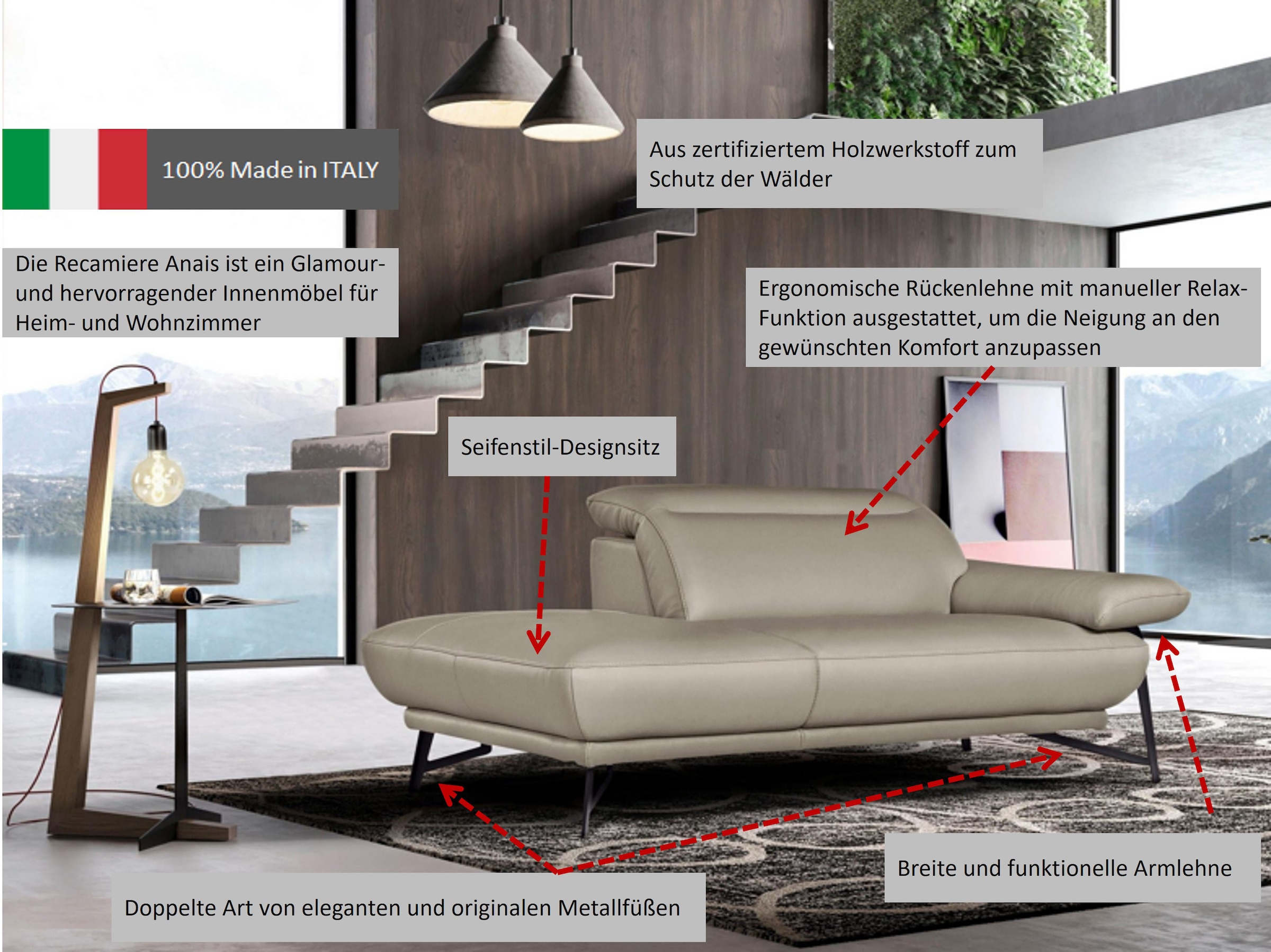 Egoitaliano Ottomane »Anais, erstklassiges Designsofa, Breite 179 cm, Fussfarbe chrom« Kopfteil verstellbar, Luxus-Microfaser Lederoptik, opal grau