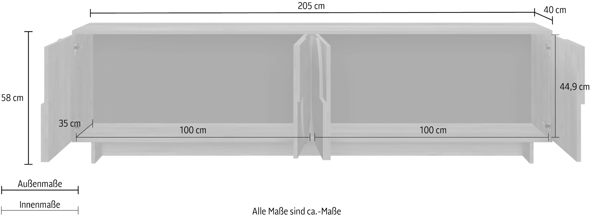 Home affaire Table basse »Zen, 205 cm breit, 4 Türen, Mediaboard, TV-Schrank, TV-Board« ouverture par pression, façades 3D, structure bois Mercure, beaucoup de rangement,