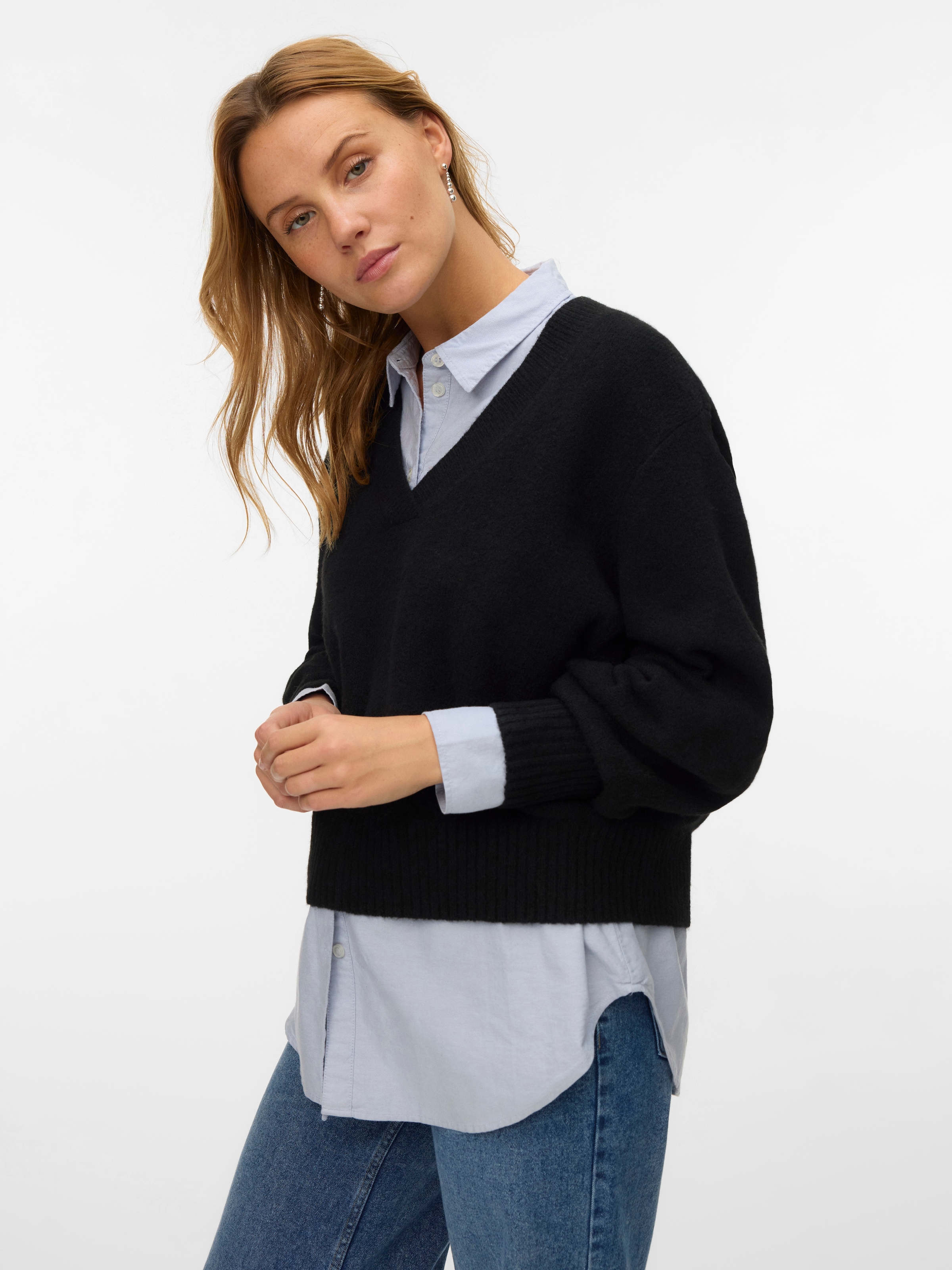 Vero Moda Pull col V »VMBOOM LS V-NECK PULLOVER NOOS« Mélange de matériaux, avec laine et stretch