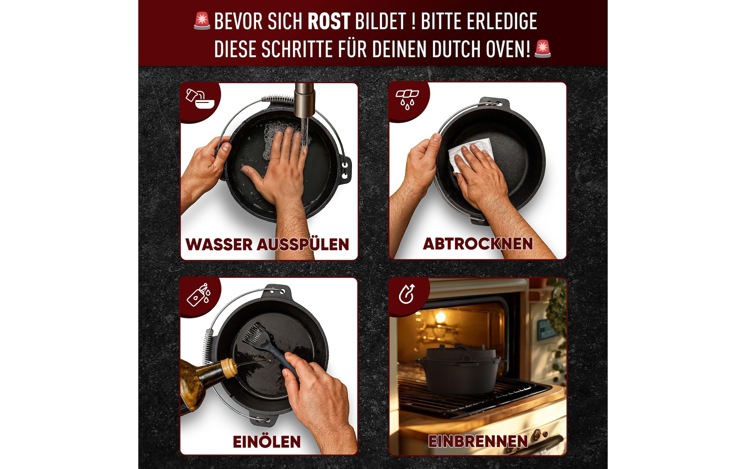   Grilltopf »Gusskoenig Dutch Oven Set 9 l mit Heber, Bürste, Untersetzer« Gusseisen Set mit 2in1 Deckelheber, Reinigungsbürste und Untersetzer