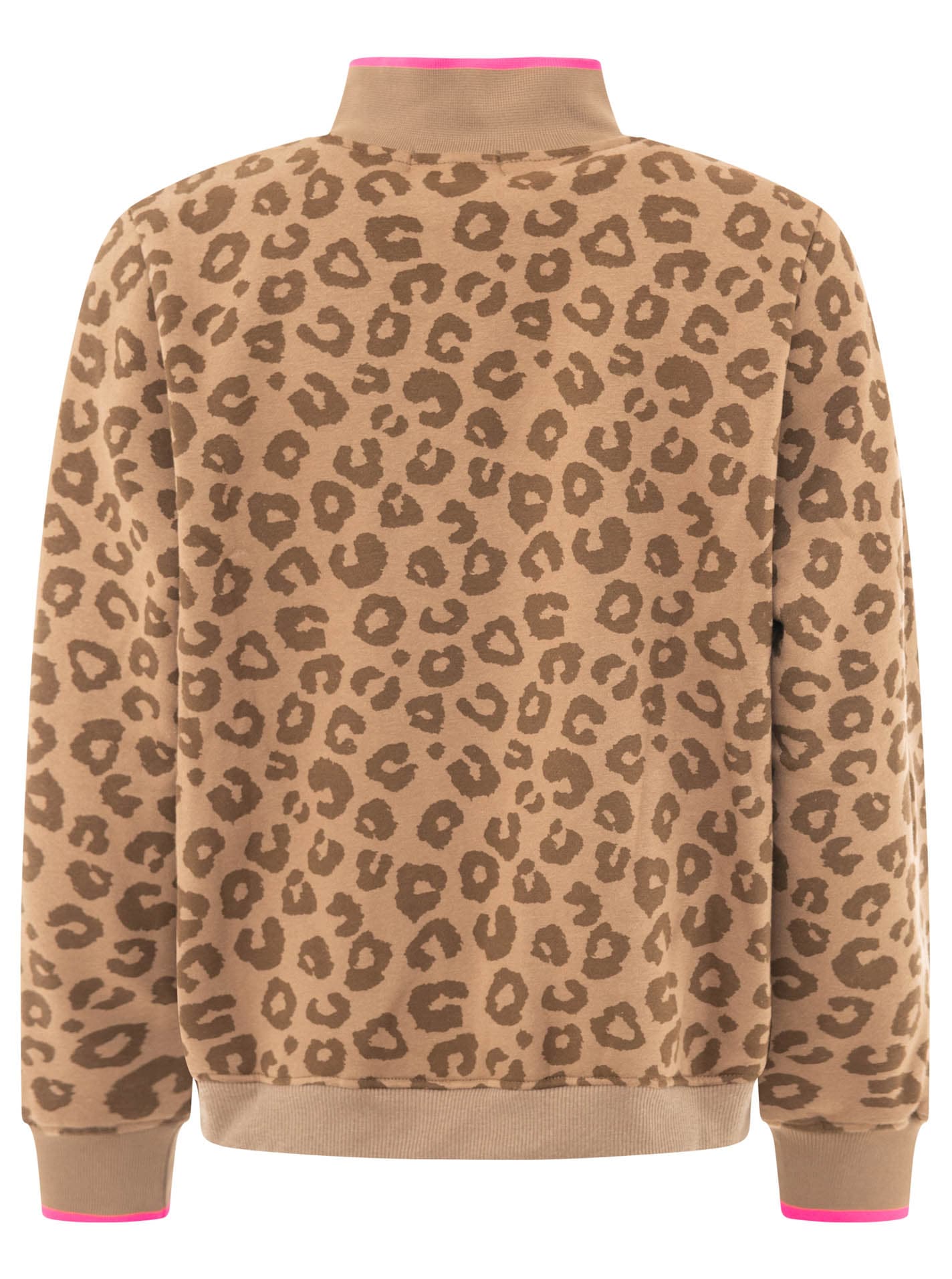 Zwillingsherz Troyer »"Leo Love"« Col montant avec zipper, motif léopard intégral, bords roses & patch cœur