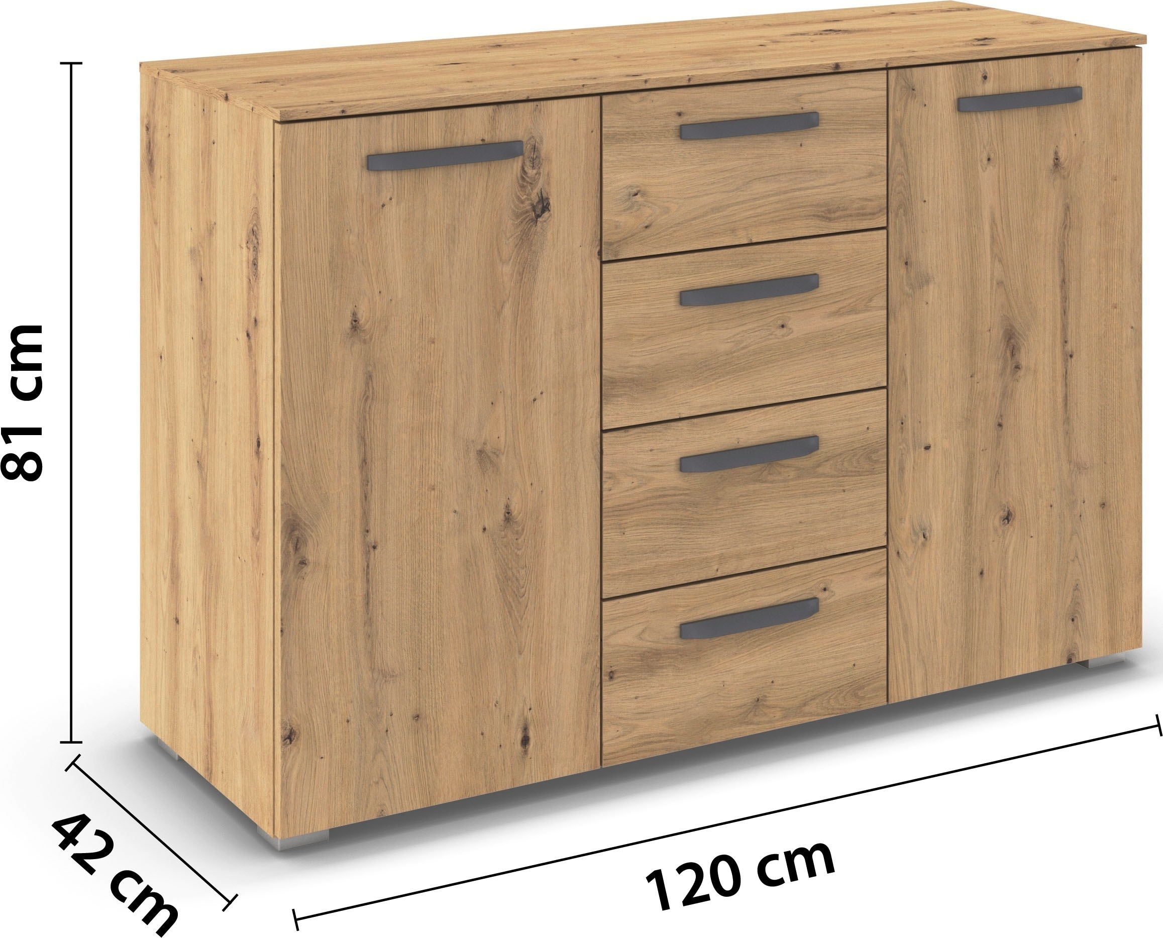 GOODproduct Kombikommode »Kommode Sideboard Schubladenkommode Schlafzimmerkommode OTELI« Breite 120 cm inkl. SOFT-CLOSE-FUNKTION, mit moderner Dekor-Front,  vier grosse Schubladen und 2 Türen, mit 4 Einlegeböden MADE IN GERMANY