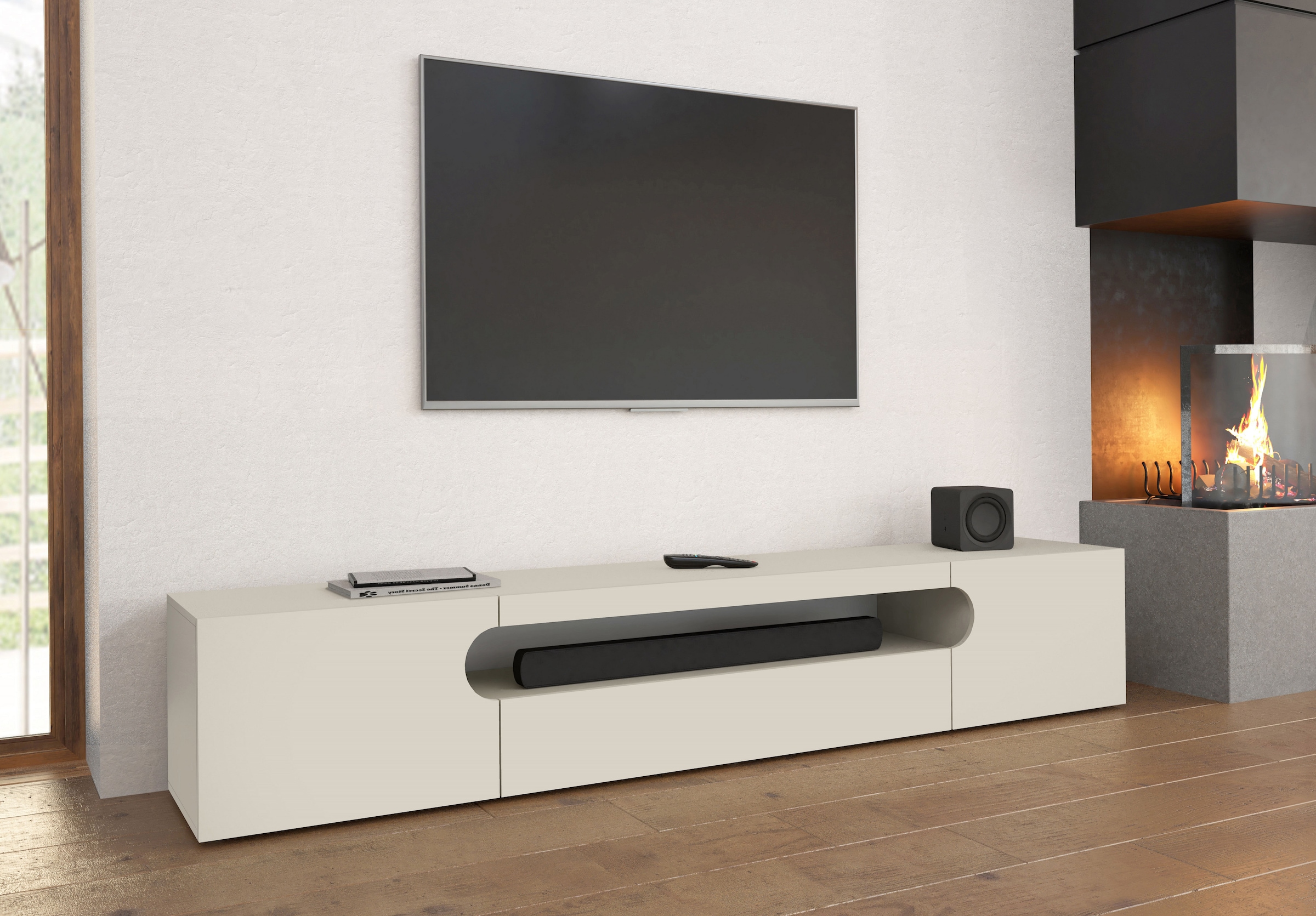 Home affaire Table basse »REAL TV-Möbel, 240 cm breit, 40/60 cm hoch, Hochglanz oder matt« mit 2 abgerundeten Türen, 1 Klappe, die ein ovales offenes Fach bilden