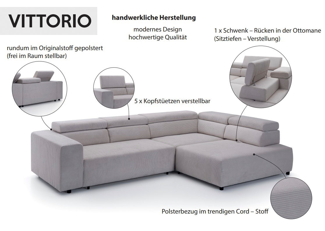 exxpo - sofa fashion Canapé d'angle »VITTORIO mit Komfortfunktionen, bequem und modern, Cord, L-Form« inkl. Kopfteil- und Sitztiefenverstellung, wahlweise mit Bettfunktion