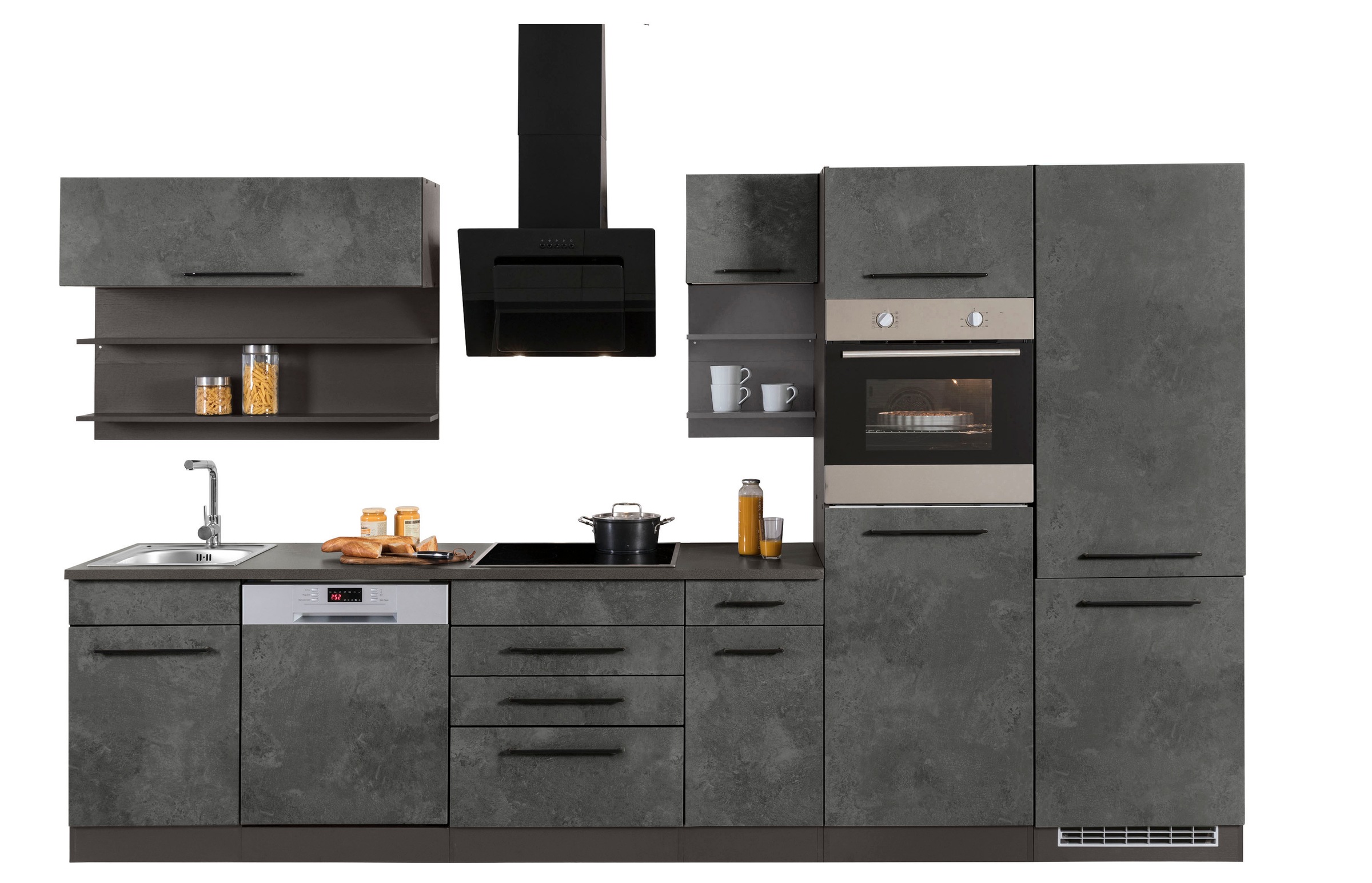 KOCHSTATION Küchenzeile »KS-Tulsa« ohne E-Geräte, Breite 330 cm, schwarze Metallgriffe, MDF Fronten