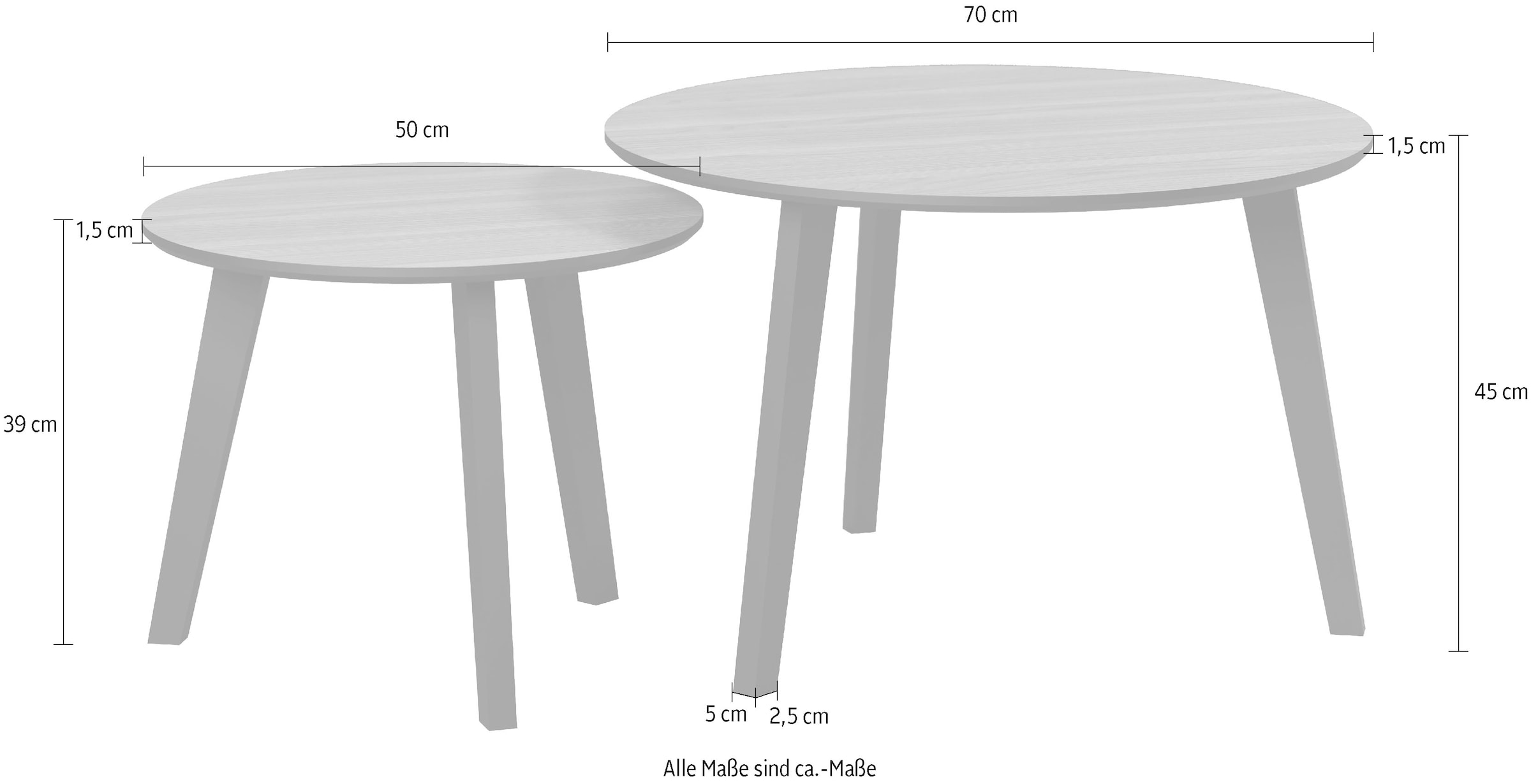 Home affaire Table basse »Ronda« Ensemble, 2 cuis tlg. Beistelltische mit Massivholzfüssen - Masse (B/T/H) 50-70/39-45/50-70 cm