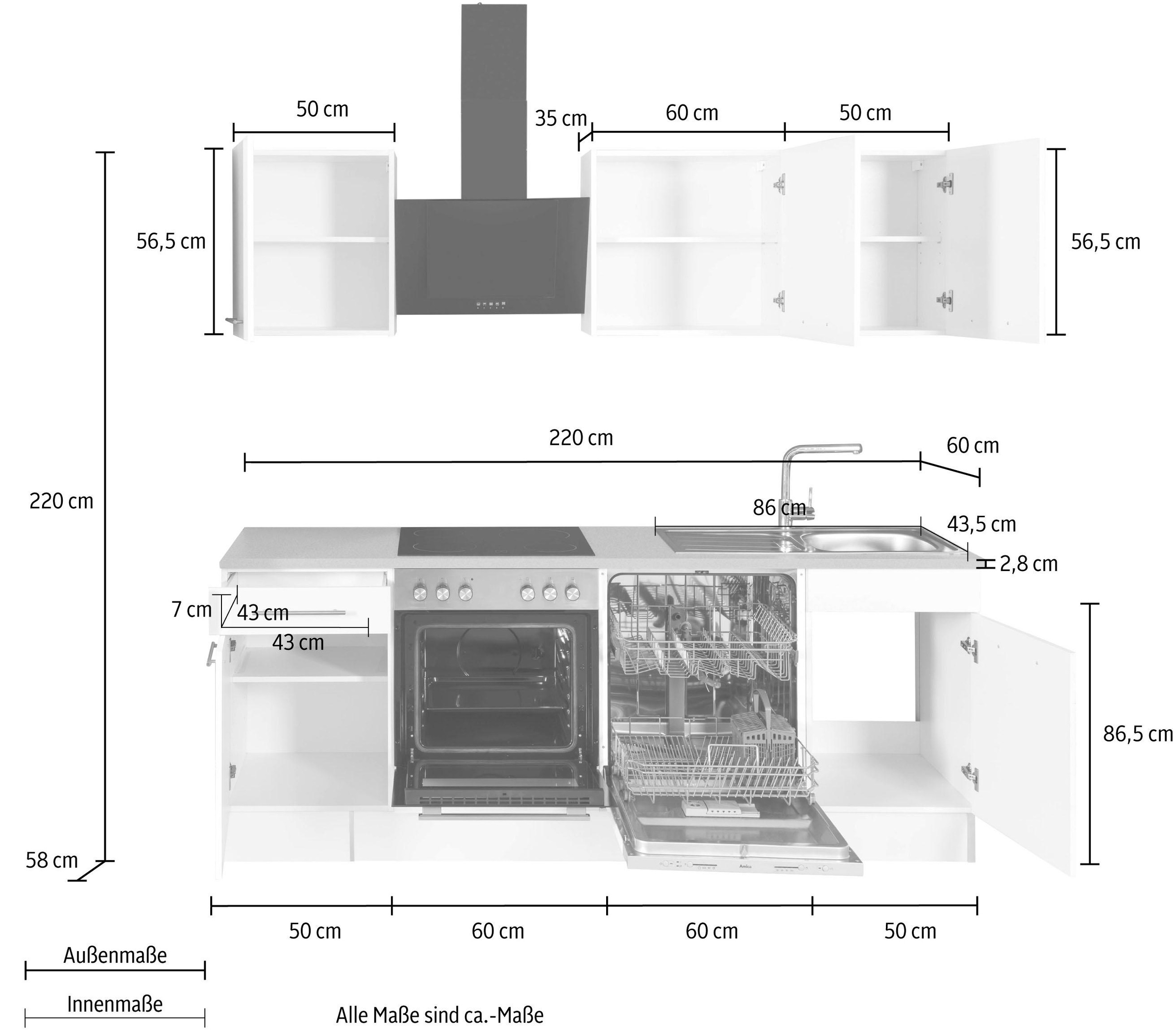 wiho Küchen Kitchenette »Ela« Breite 220 cm, Soft-Close-Funktion, höhenverstellbare Füsse