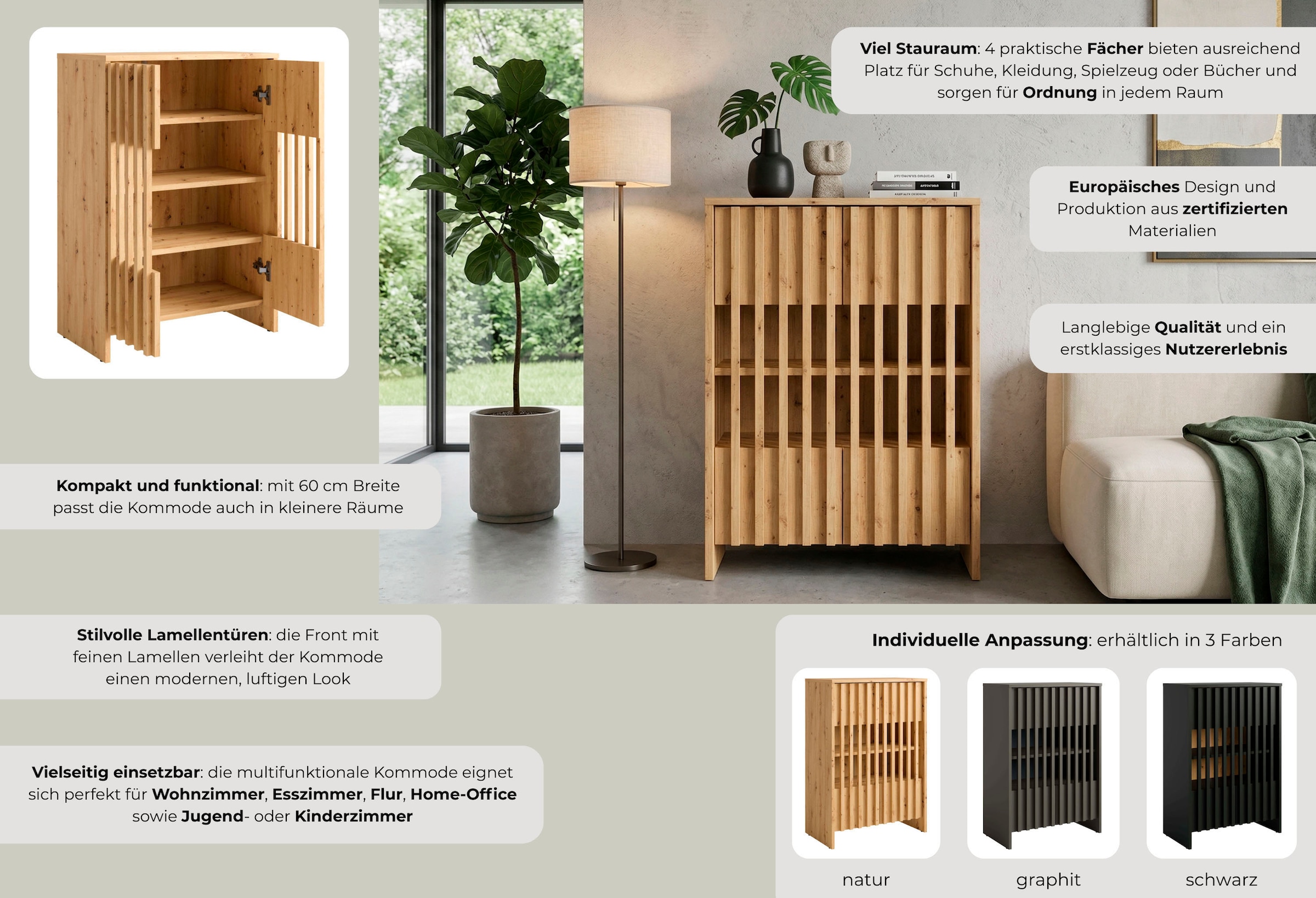 Home affaire Armoire multi-usages »MURET, multifunktionale Kommode, 4 Fächer und 2 Türen, Lamellenfronten« Masse B/T/H: 60/35,4/87 cm,  Kommode mit viel Stauraum, Masse B/T/H: 60/35,4/87 cm