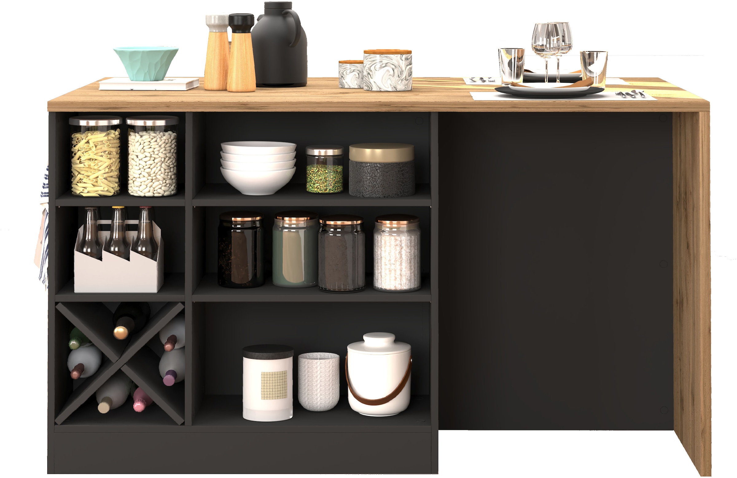 KOCHSTATION Ilot de cuisine »KS-Sole, Kochinsel, Küchenarbeitsblock, Inselküche, Arbeitsinsel« Breite 152,5 cm, mit Essplatz, Handtuchhalter, Fächer und Weinregal