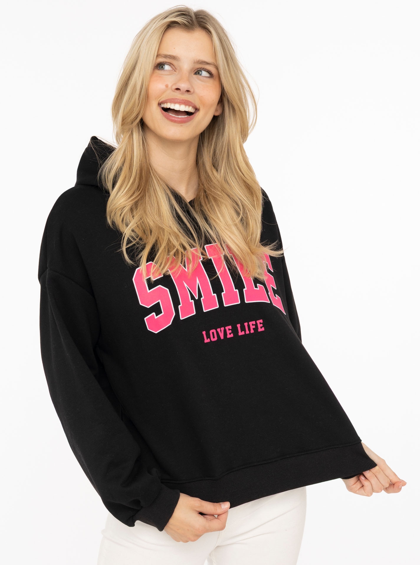 Zwillingsherz Hoodie »"Smile"«, Kapuze, lange Ärmel, elastische Bündchen, grosser Neon-Print
