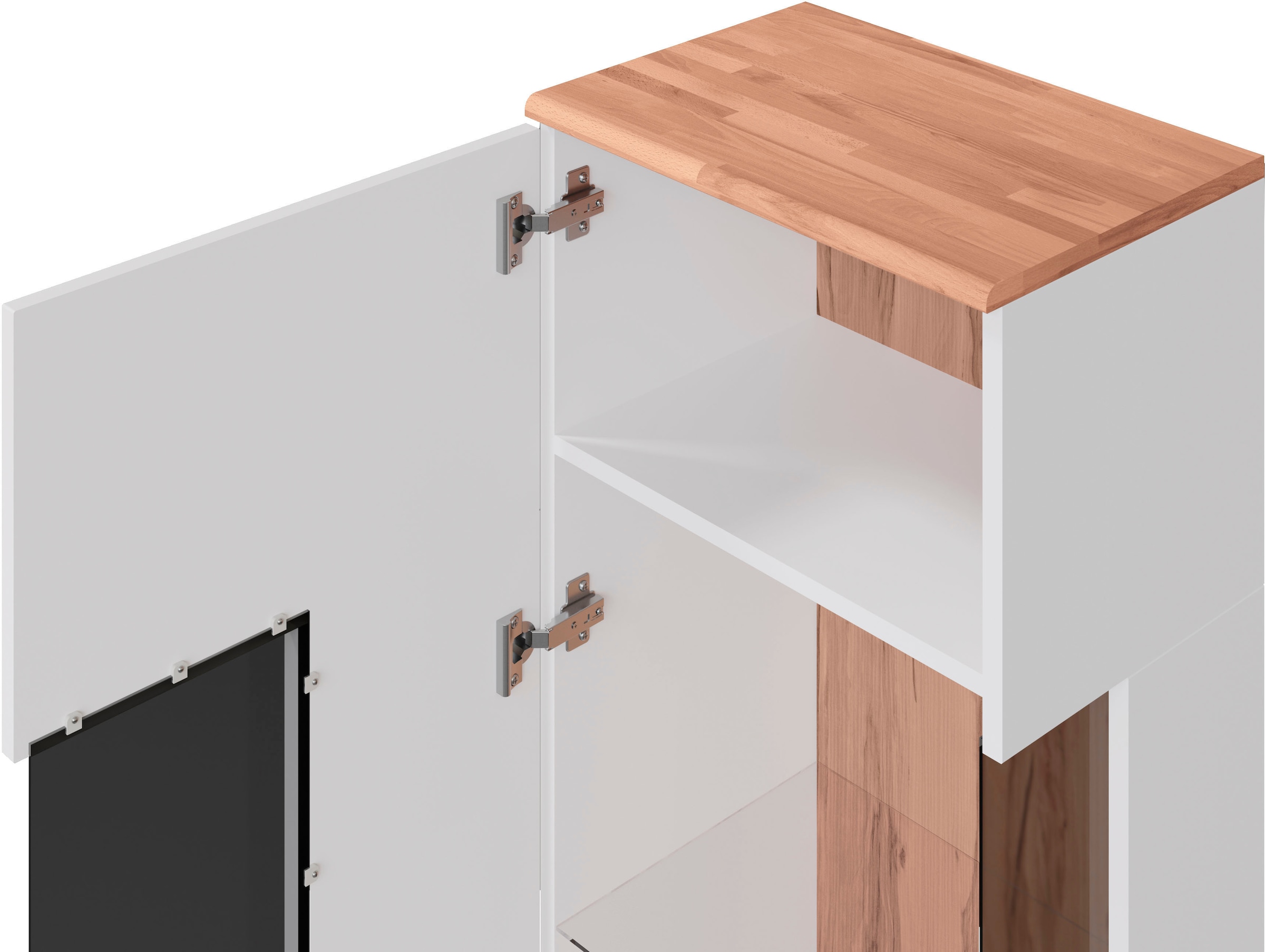 GOODproduct Vitrine »Ribe,180cm hoch,5 Fächer,2 Glasböden variabel einsetzbar« Oberplatte Kernbuche massiv,dunkles Glas, schwarze Metall Griffe