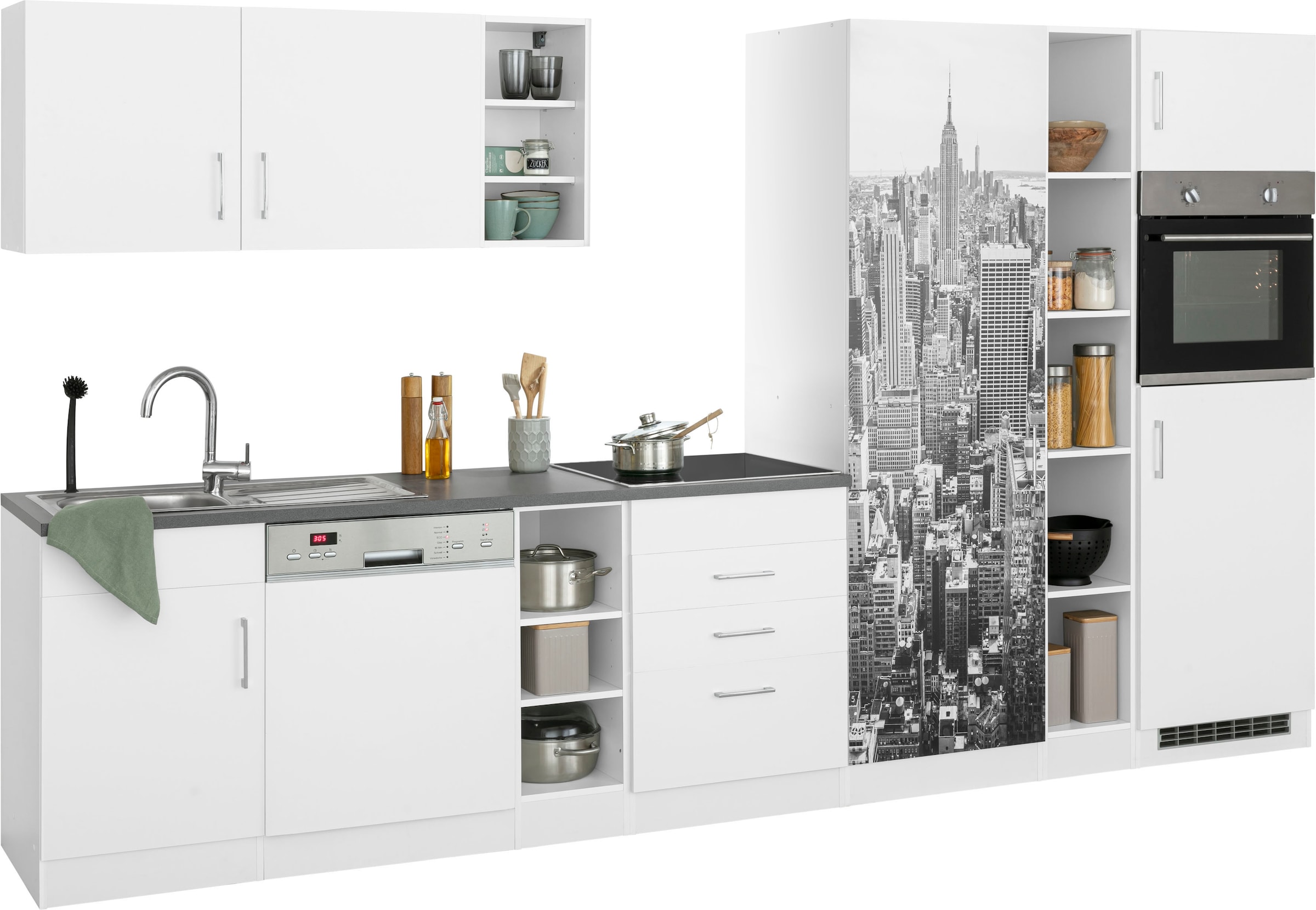 KOCHSTATION Kitchenette »KS-Paris – Küchen mit einzigartigen Fotomotiven auf den Fronten« largeur 350 cm, option appareils électriques et induction