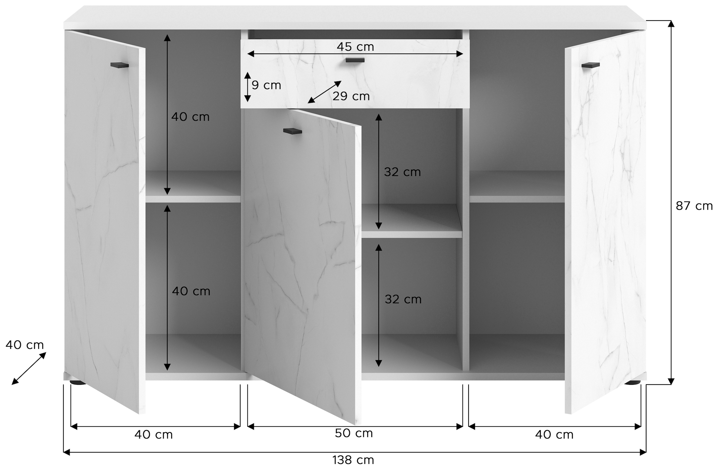 Home affaire Sideboard »CALCOLO, Breite 138cm, 3 Türen, 1 Schubkasten, 6 Fächer« Anrichte, Kommode, Schrank