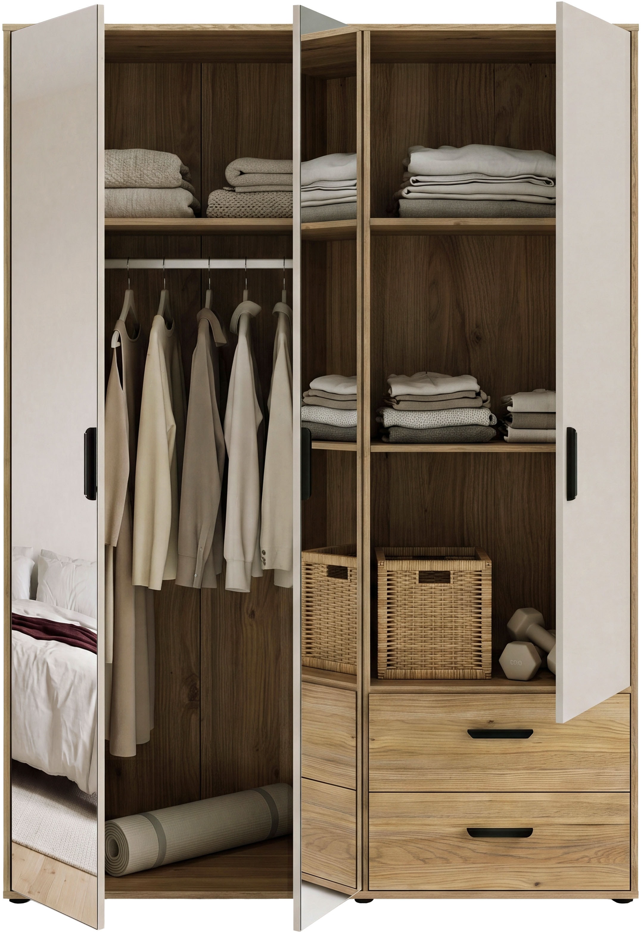 GOODproduct Kleiderschrank »AALOX, Spiegel, 3 Türen, 2 Schubladen, viel Stauraum, schwarze Griffe« Schrank ca. 140 bis 150 cm breit, schwarze Griffe, zeitloses Design