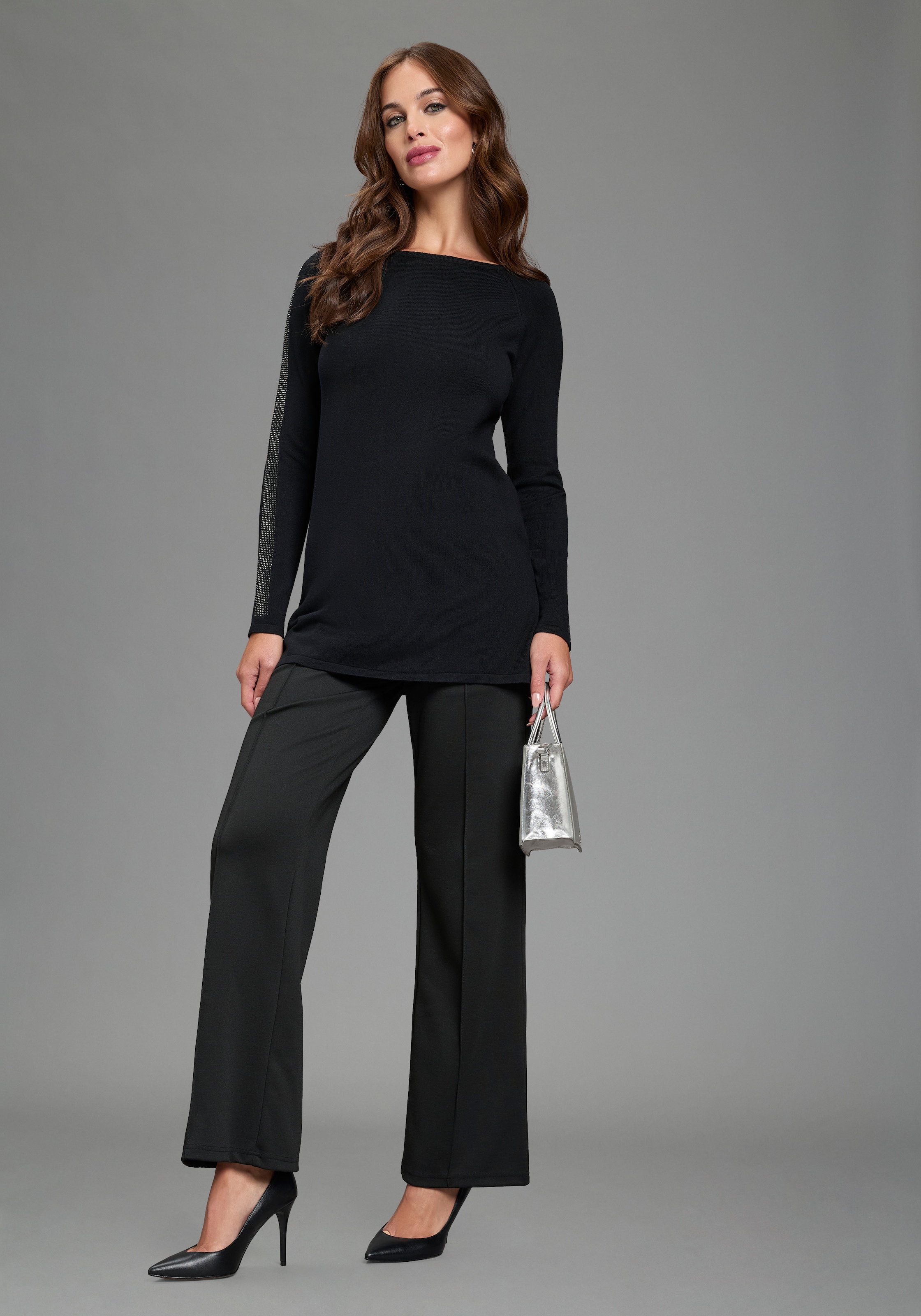 Laura Scott Longpullover mit Glitzersteinen und seitlichen Schlitzen