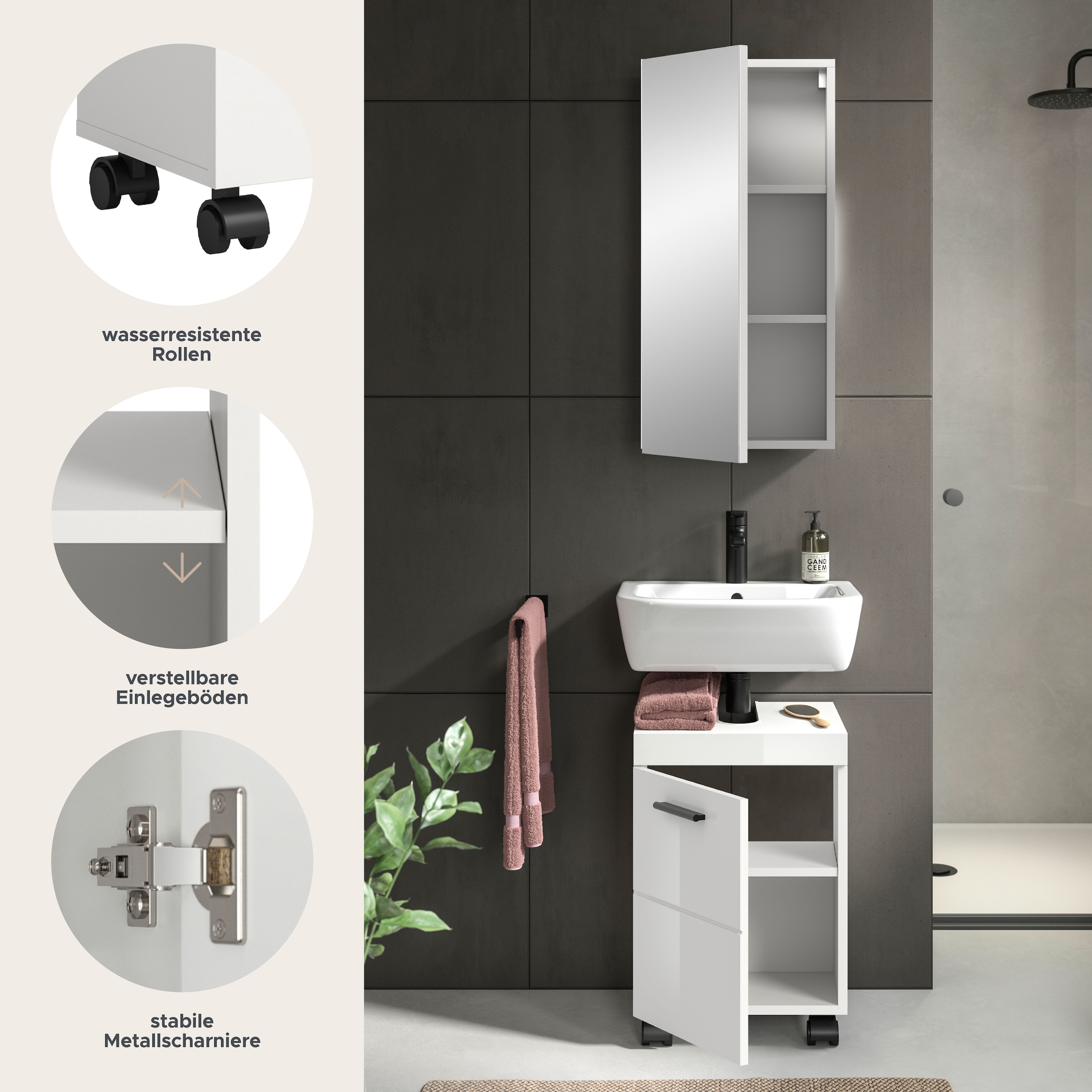 welltime Ensemble de meubles de salle de bain »AVON, Breite 40 cm, 2-teilige moderne Badkombination, auf Rollen« bestehend aus: Waschbeckenunterschrank & Spiegelschrank, 2 cuis tlg.