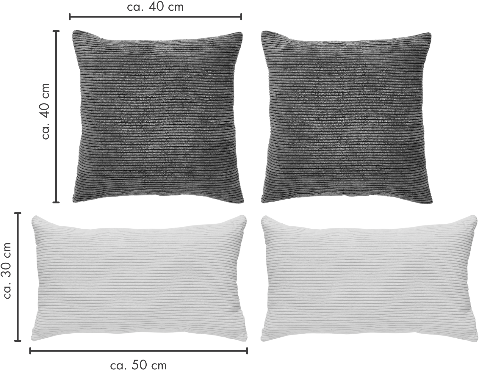 Andiamo Coussin décoratif »Cord Kissen Emy, 4er Set, Kissenhülle mit Füllung« coussin de canapé, carré, 40x40 & 30x50 cm, disponible aussi à l’unité