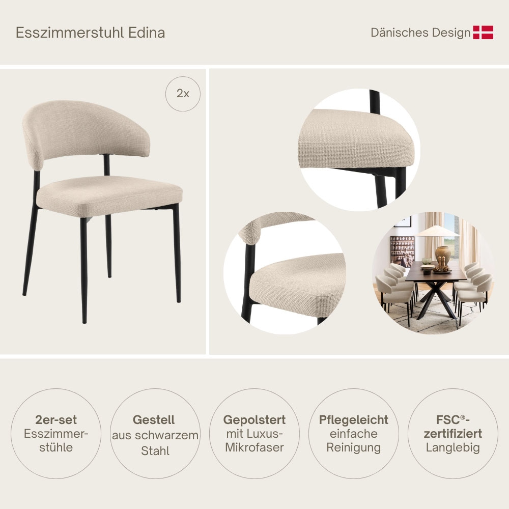 ACTONA GROUP Esszimmerstuhl »Edina 2er Set, Stoff - bequem & stilvoll, mehrere Farben, moderne« () Gepolstert, weicher Bezug & hoher Sitzkomfort, schwarze Stahlbeine