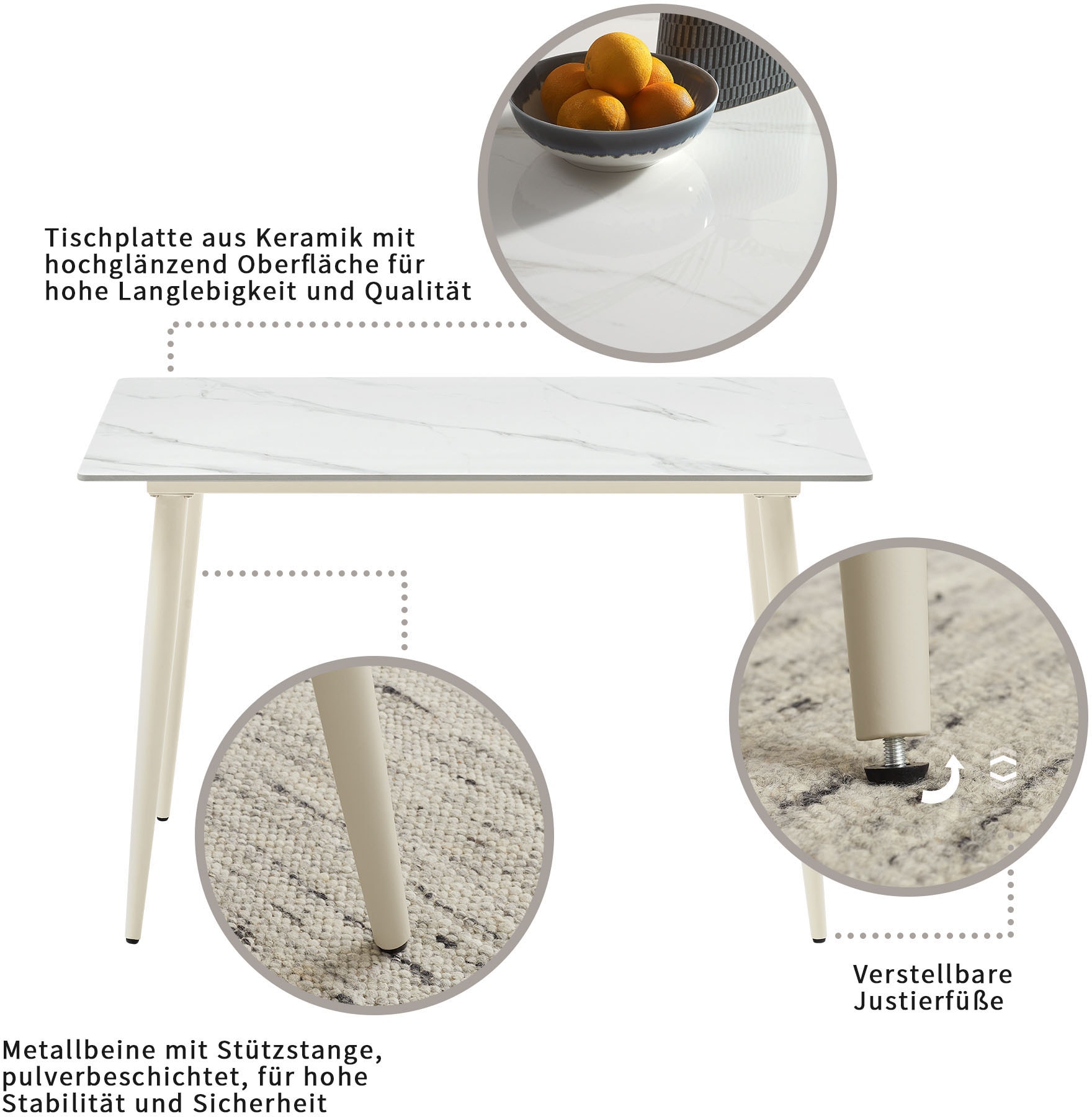 GOODproduct Ensemble de salle à manger »Kryce« Set, 120 cm Esstisch + 2 Stühle + Bank, 4 cuis tlg. Strukturstoff, robustem Metallgestell, Tischplatte aus Sinterstein