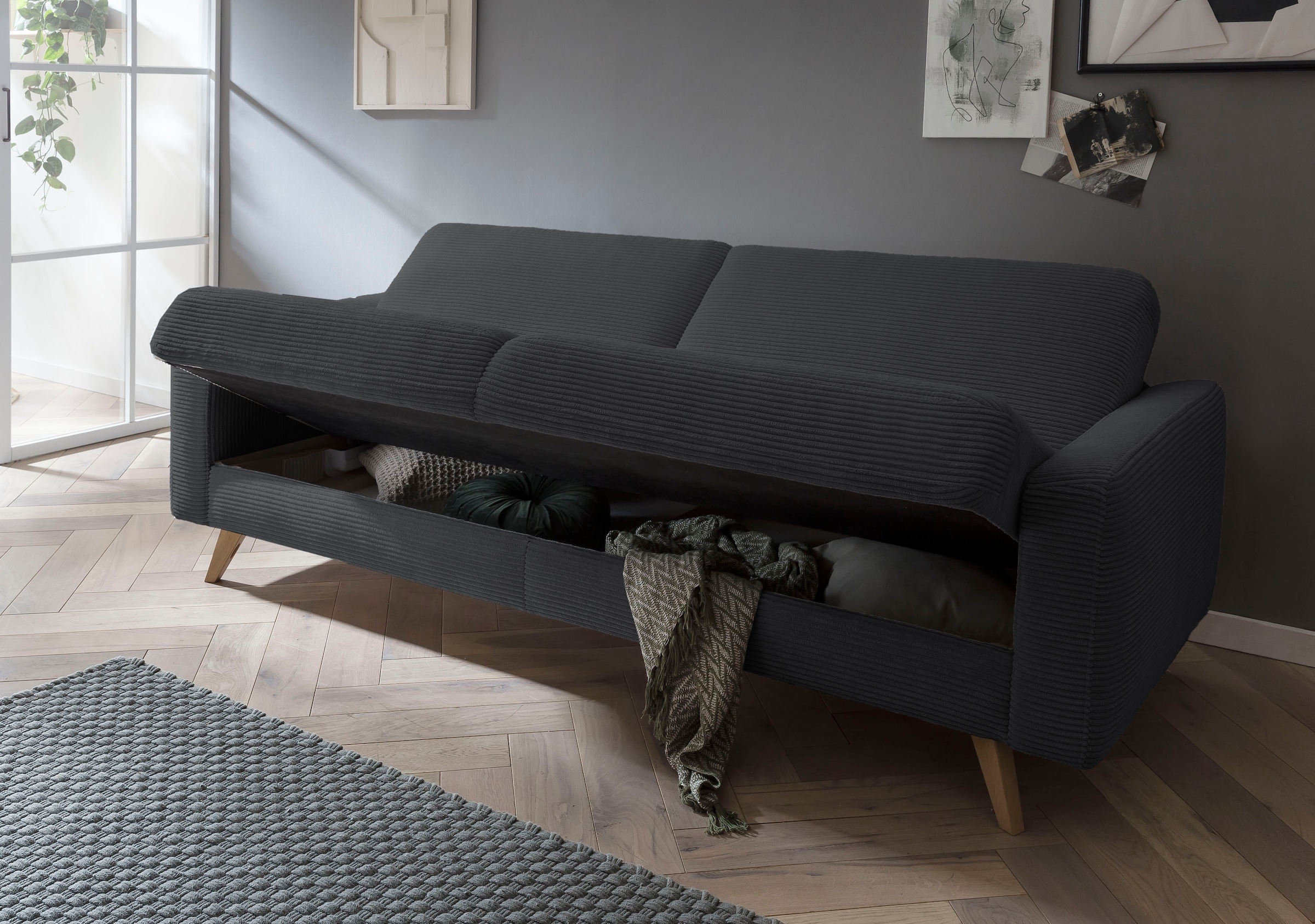 exxpo - sofa fashion 3-places »Samso, elegant und bequem, aktueller Cord Bezug, Kippcouch« hochwertige Verarbeitung, Schlafsofa inkl. Bettfunktion und Bettkasten