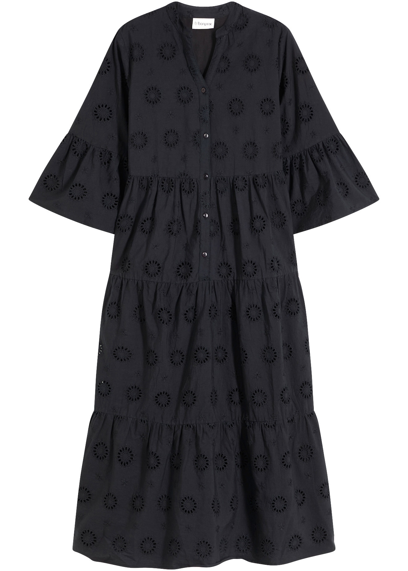 bonprix Robe midi en coton pur, coupe trapèze, manches 3/4, col montant