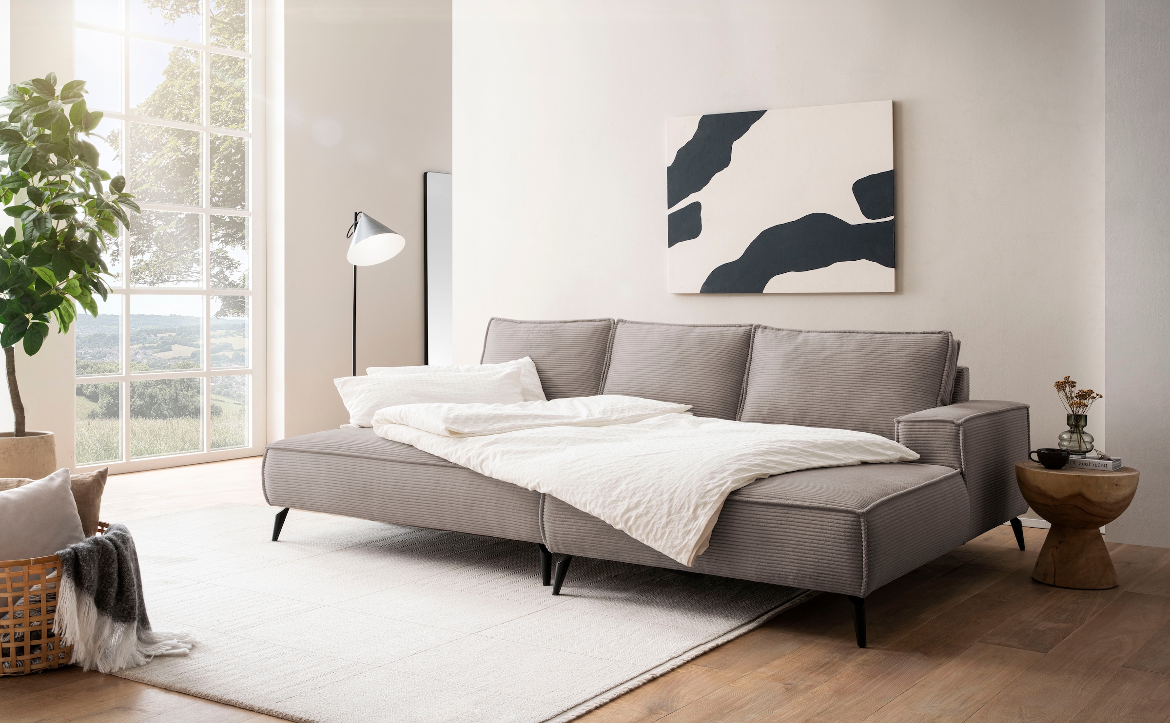 andas Canapé d'angle »TVINNU, L-Form, 275cm, in Cord und Leinenoptik« wahlweise Recamiere rechts/links, schwarze Füsse, bequemer Sitzkomfort