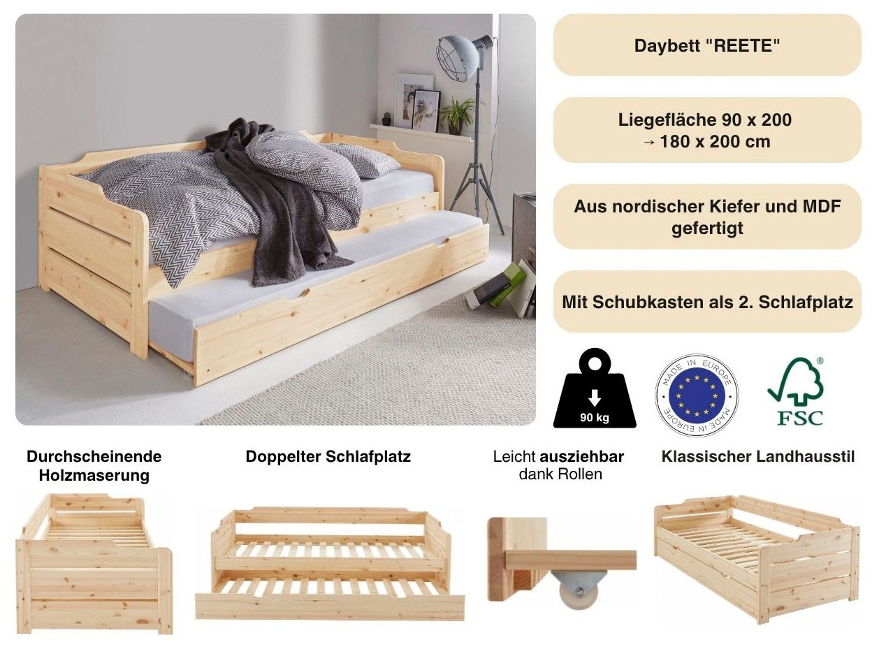 GOODproduct Daybett »"REETE " BESTSELLER! Kinderbett, mit Schubkasten, 2 Schlafplätze« 2 Schlafplätze,  FSC® zertifiziertes Massivholz (Kiefer), klassischer Landhausstil