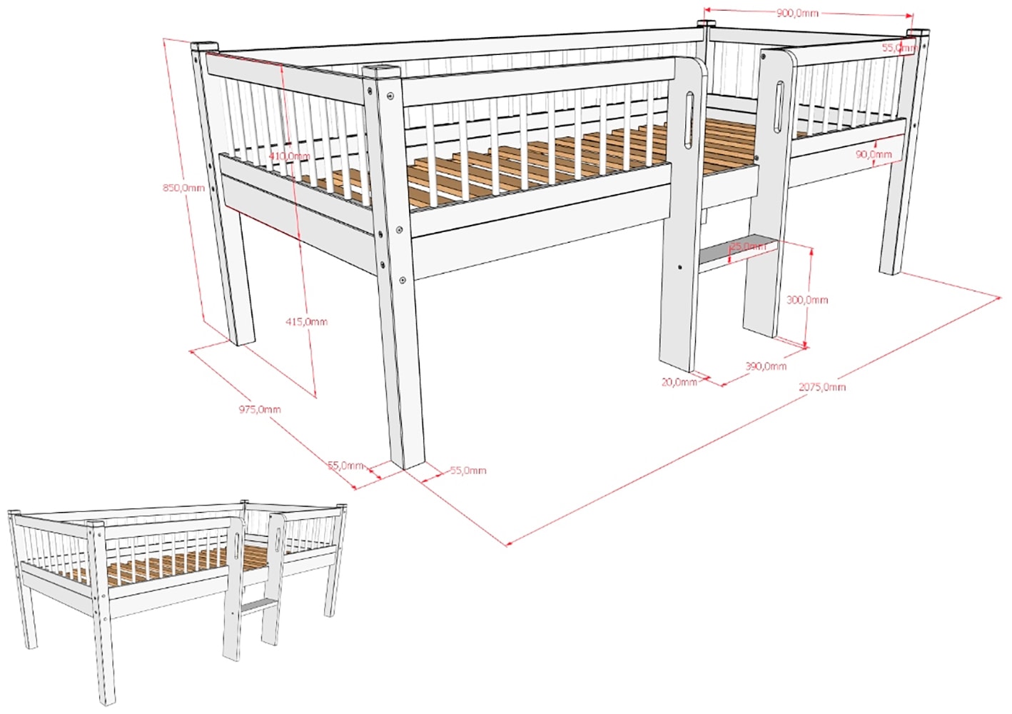 Vipack Lit en bois massif »Forrest Made in Europe, stabil und hochwertig gebaut, mit 2 Rollboxen« 90/200 cm, avec sommier à lattes et échelle, montage inversé possible,  incl. protection anti-chute périphérique en design barreaux, hêtre laqué blanc