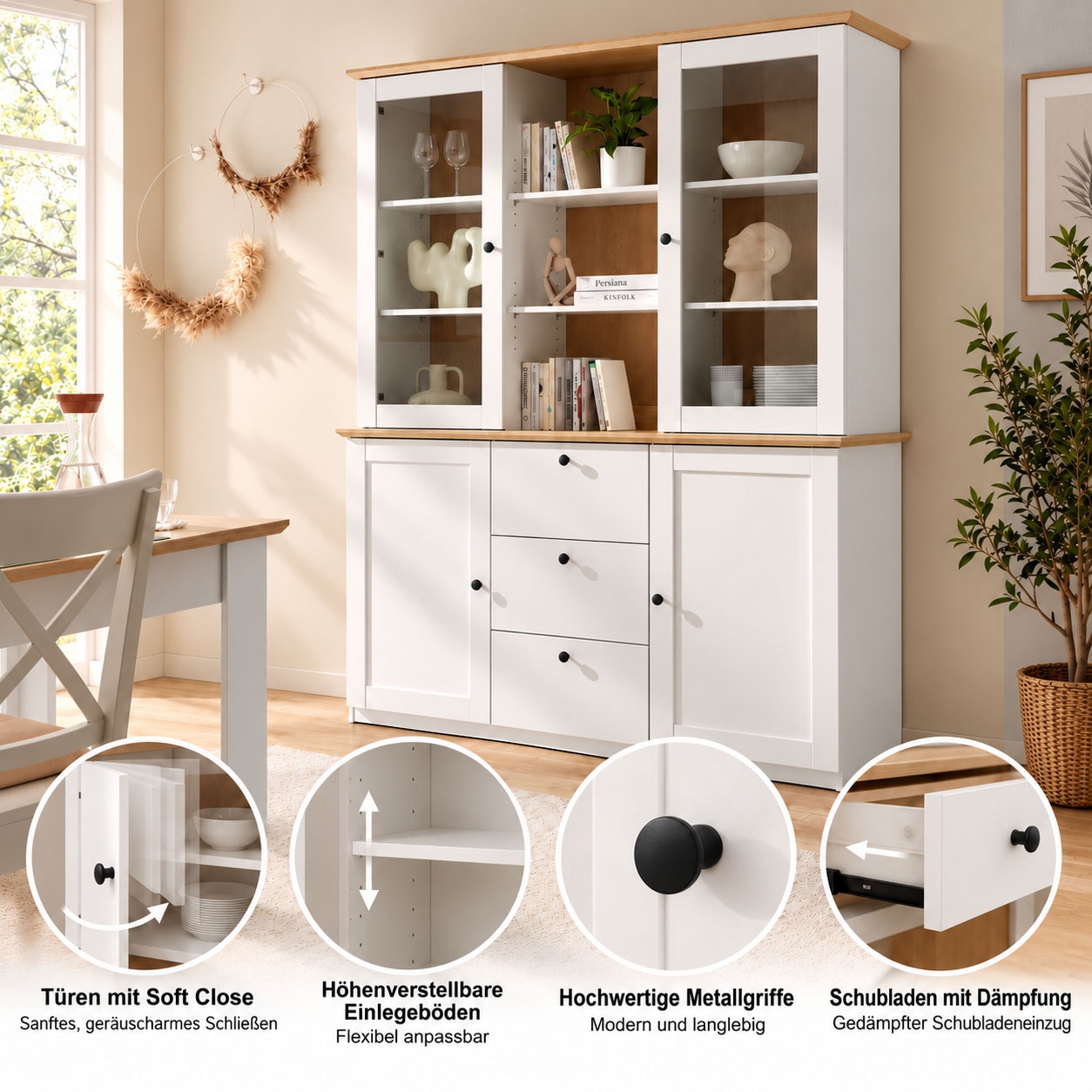 GOODproduct Buffet »Brest, Hochschrank im Landhausstil, Schrank, Küchenschrank« schwarze Metallgriffe, viel Stauraum, Glastüren, 164 cm breit