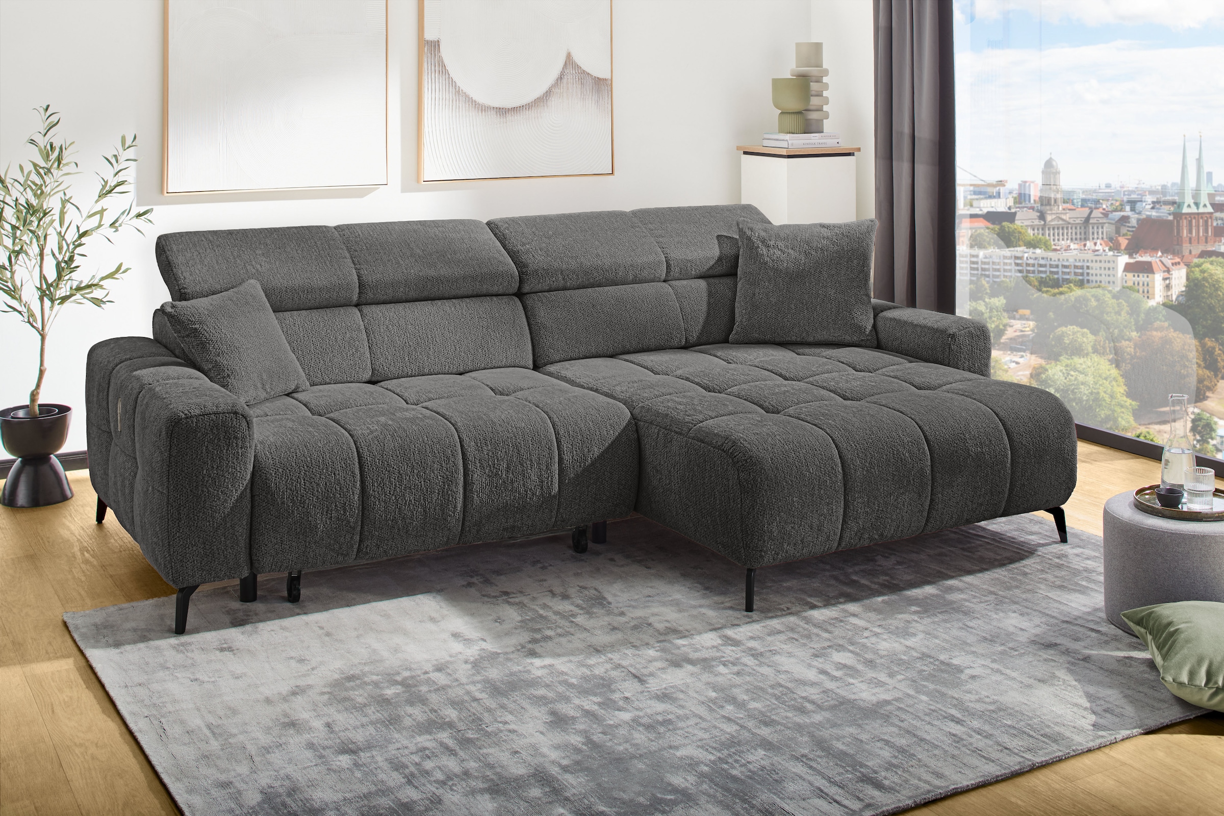 Jockenhöfer Gruppe Ecksofa »Racer L-Form, B: 290 cm, 60 cm elektrische Sitztiefenverstellung« USB-Ports, Kopfstützen verstellbar, Zierkissen, bis 140 kg/Sitz