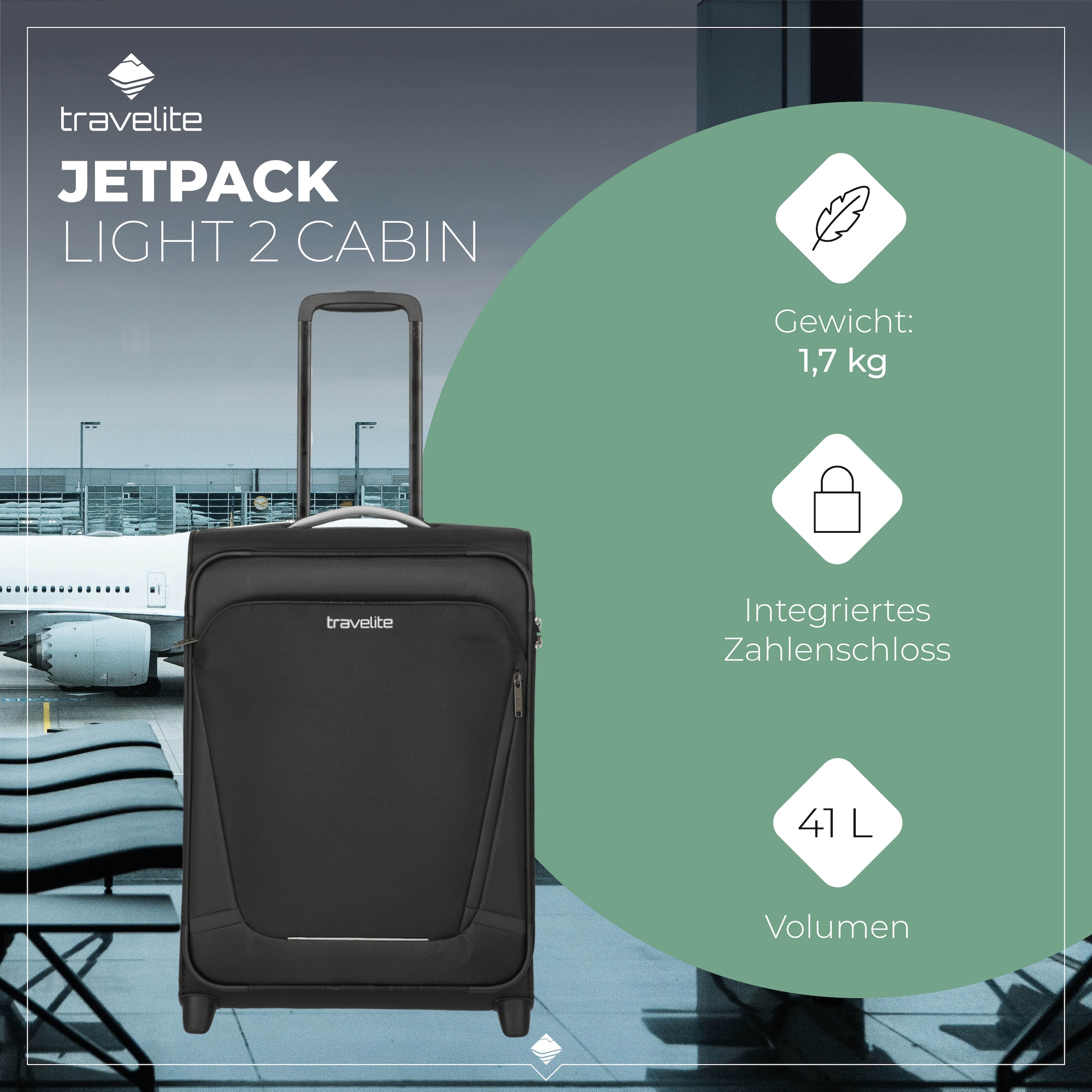travelite Handgepäck-Trolley »JETPACK Multi Light 2 Cabin Handgepäck Koffer« 41 l 2 Rollen Weichgepäck, passend für Ryanair, Condor und viele gängige Airlines
