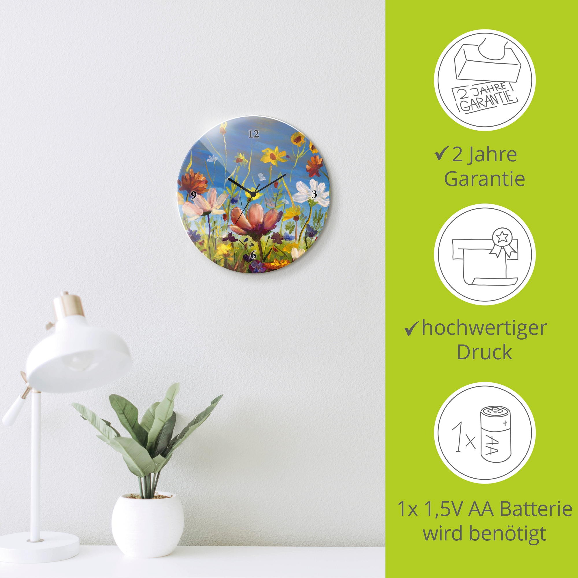Artland Wanduhr »Glasuhr rund Wildblumenwiese« wahlweise mit  Quarz- oder Funkuhrwerk, lautlos ohne Tickgeräusche
