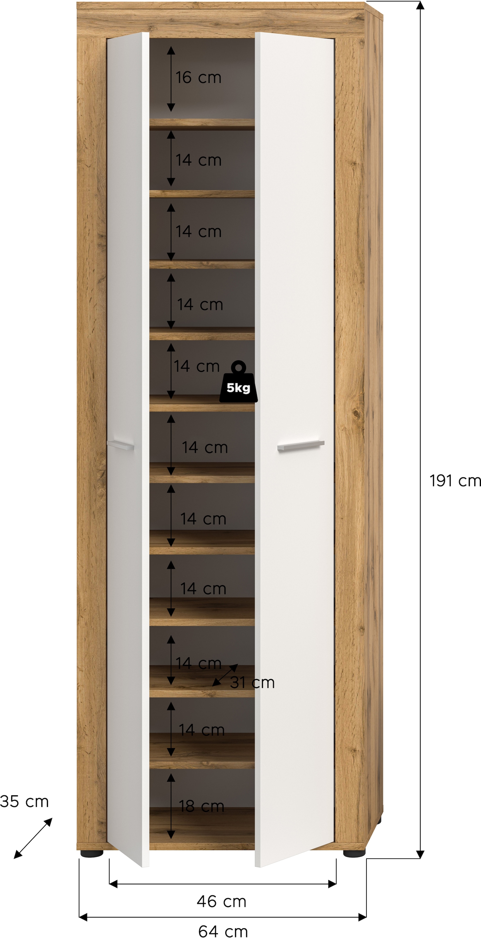 Home affaire Schuhschrank »Aosta« 1 Stk. tlg. Schuhschrank, Höhe 191 cm, 11 Fächer, Garderobenschrank, Flur, Diele
