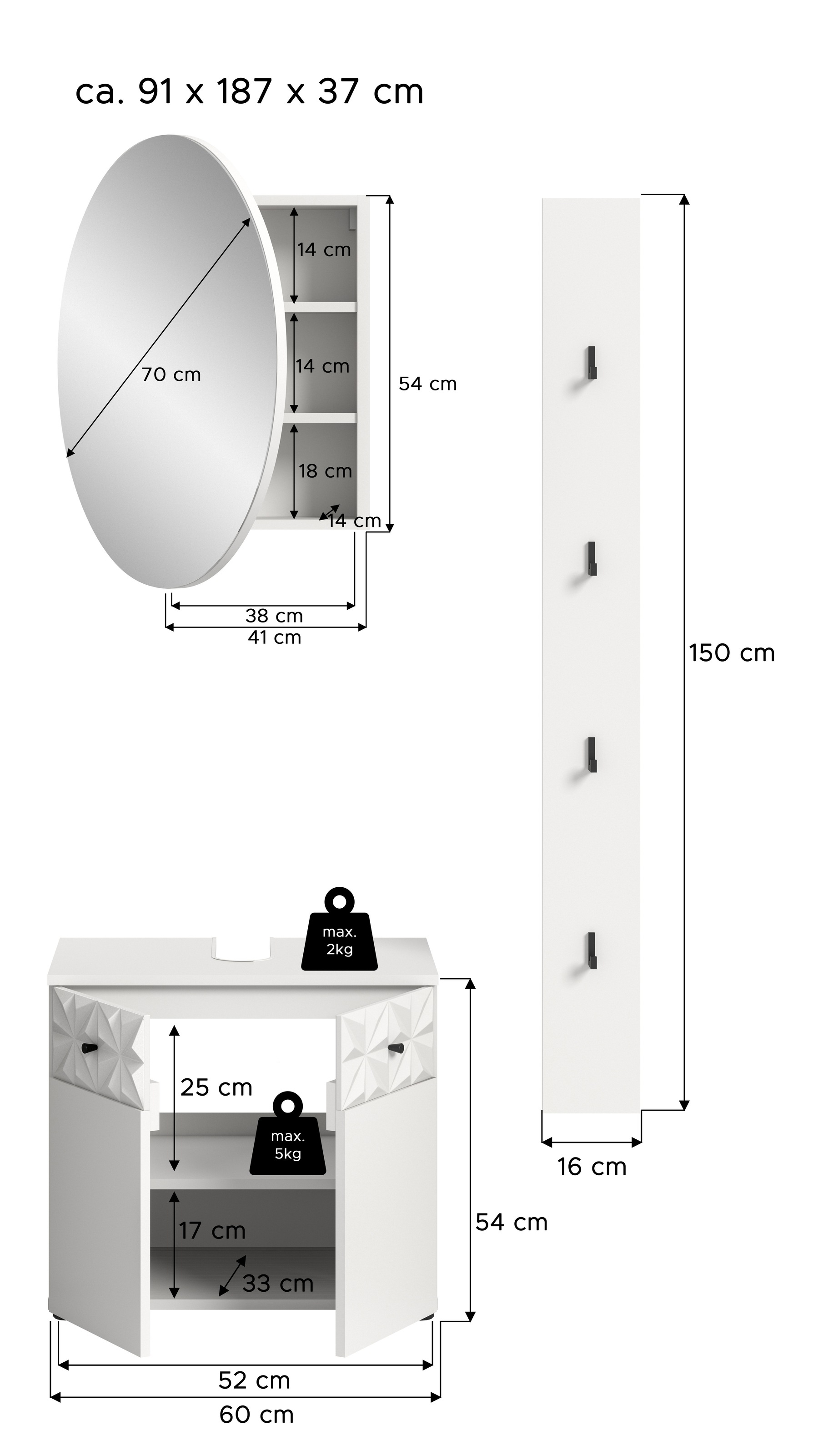 INOSIGN Badezimmer-Set »VICENZA, TOPSELLER!, Breite 91cm, 3-teilig, mit Ornamentabsetzung« best. aus: Waschbeckenunterschrank, Spiegelschrank und Hakenleiste, 