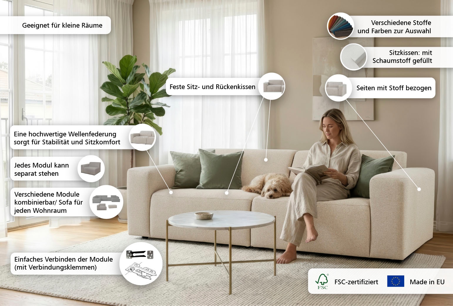 GOODproduct 3-places »Koa, 228 cm, Modulsofa in Cord, Chenille, Struktur, Webstoff« Designsofa, weicher Lounge-Sitzkomfort, Welleunterfederung, bodentief