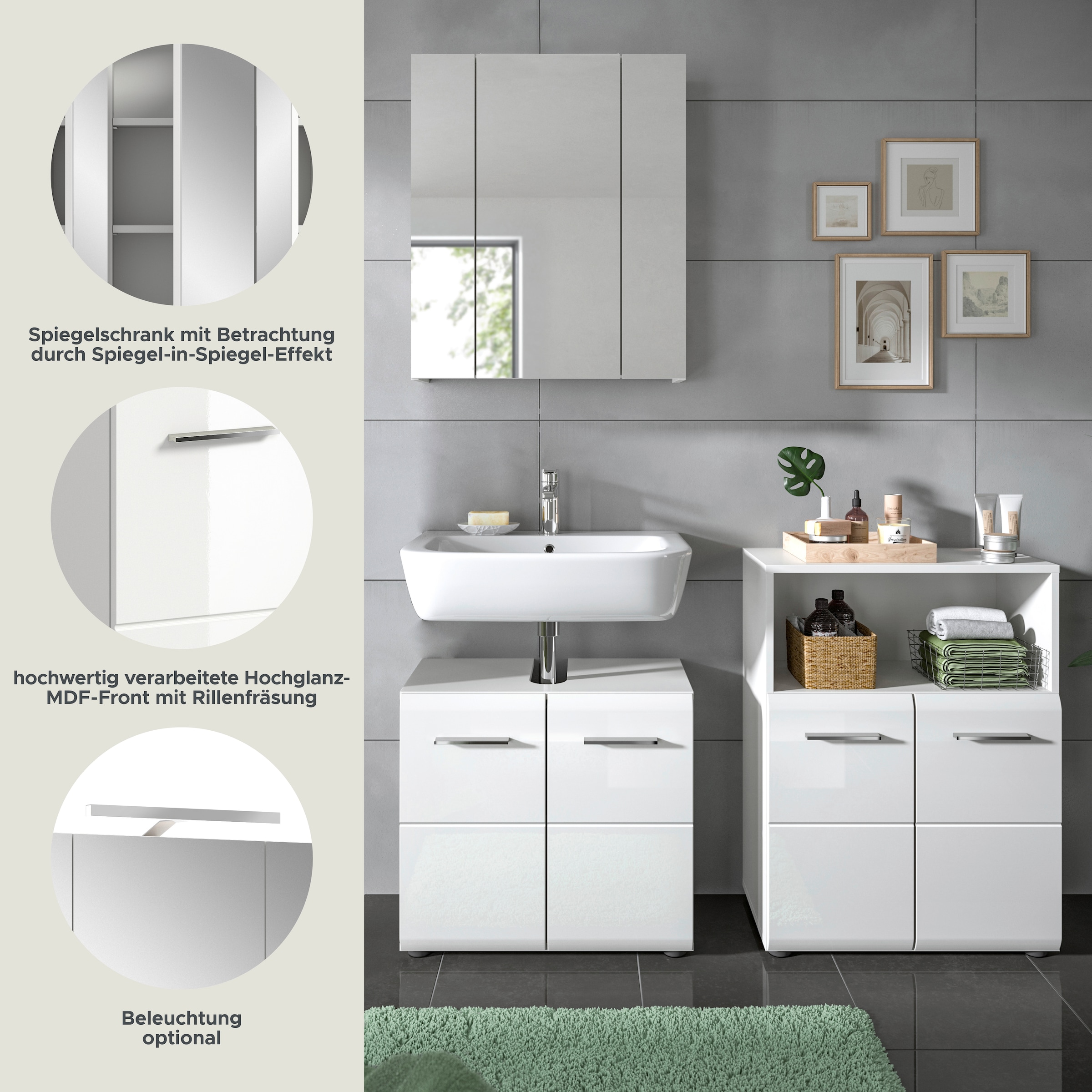 INOSIGN Ensemble de meubles de salle de bain »FLORENZ, TOPSELLER!, 3-teilige Badkombination, hochwertige MDF-Front« Set, best. aus: Waschbeckenunterschrank, Spiegelschrank, Midischrank breit, 