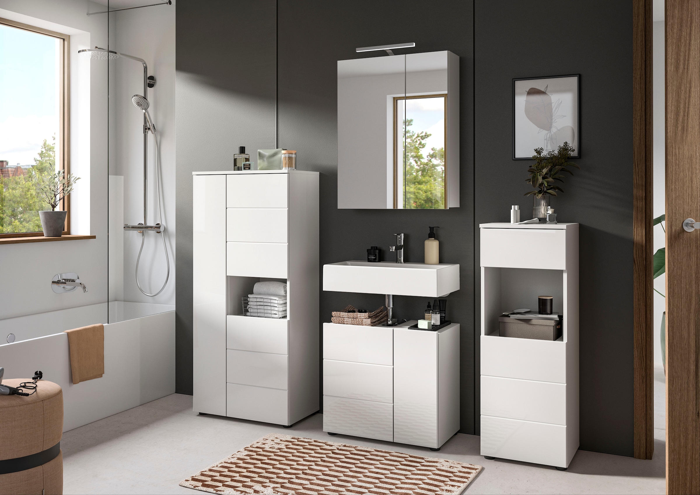 welltime Ensemble de meubles de salle de bain »Biel, Höhe 190 cm,Hochschrank,WBU, Spiegelschrank, Unterschrank, Lampe« 5 cuis tlg.