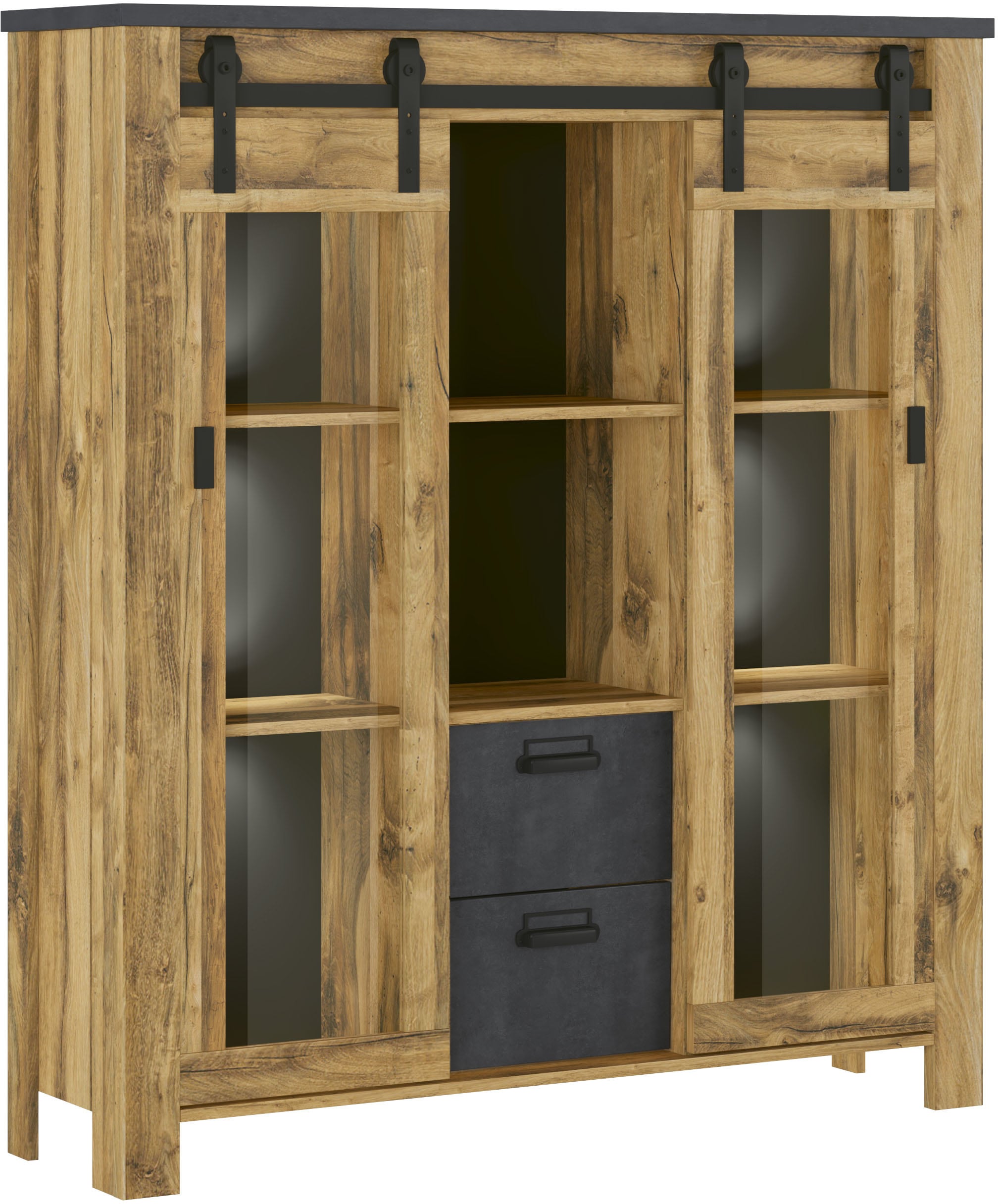 Home affaire Highboard »York, moderner Hochschrank, Vitrine in Hunton Oak, Industrialdesign« mit Scheunentorbeschlägen & Apothekergriffen aus Metall, 150 cm hoch