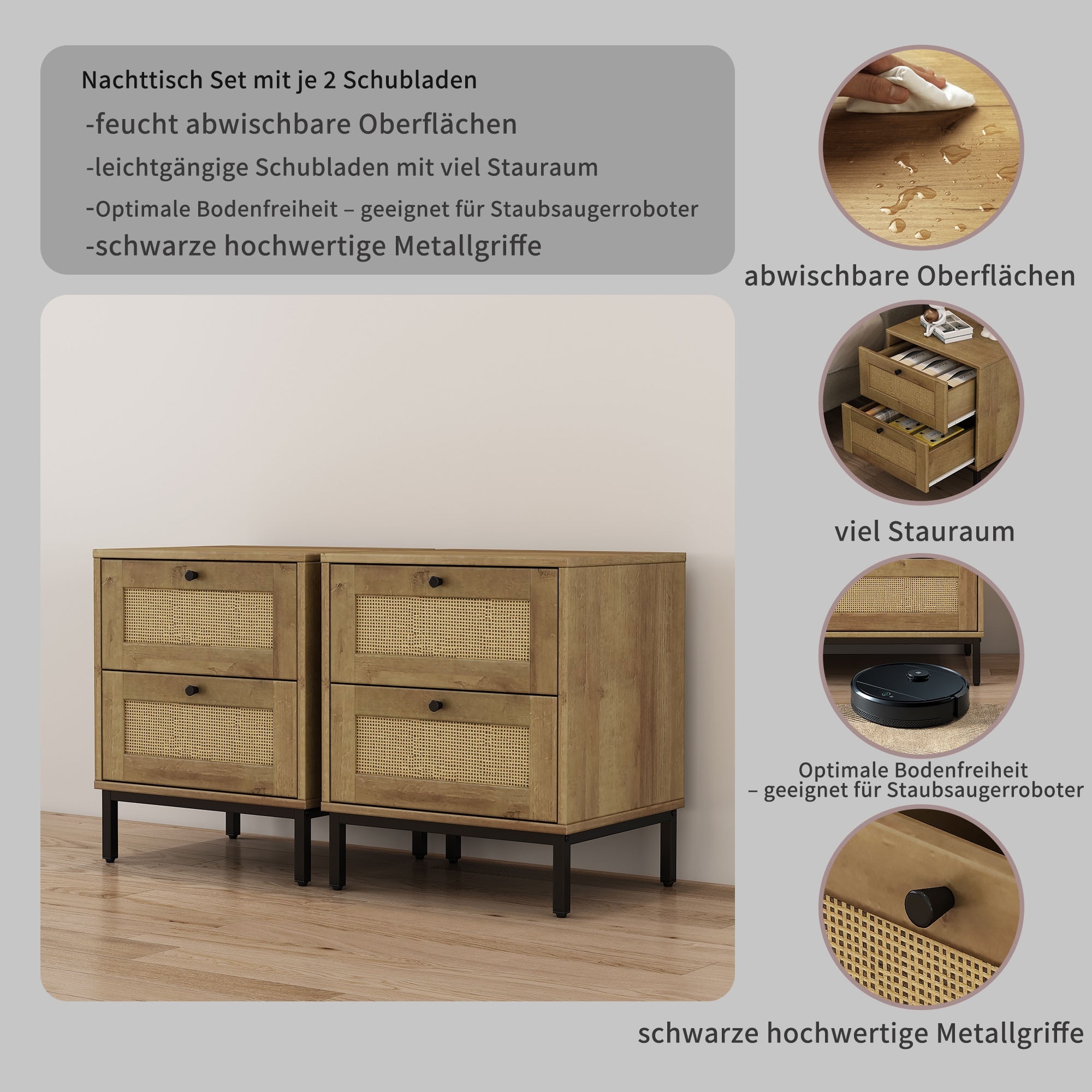 GOODproduct Nachtkommode »Motala Schlafzimmerschrank Garderobe Boho Eichen-Design« Set, 2 Schränke im Set - Eichen-Design mit schwarzen Griffen,  Nachttisch Set mit je 2 Schubladen mit wiener Geflecht optik