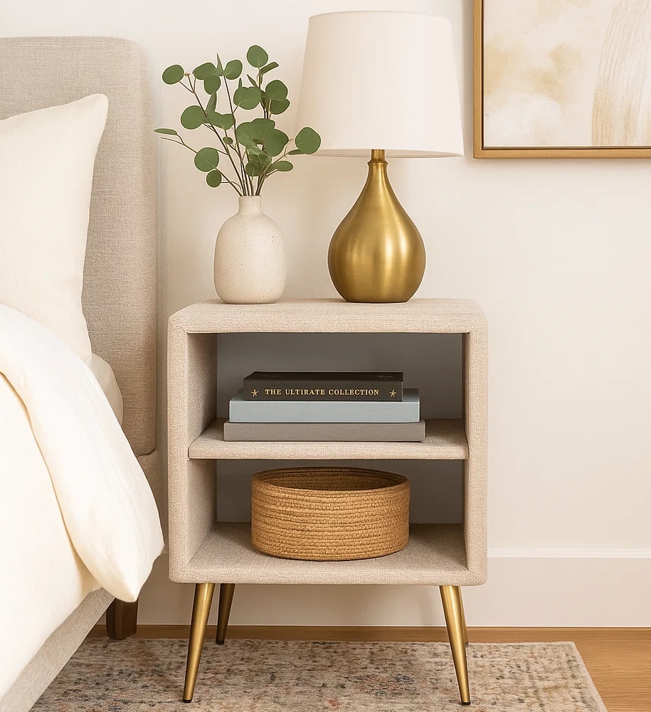 Home affaire Nachtschrank »MOIVRE Polster-Nachtkommode wahlweise mit 2 Schubladen oder Fächer« Nako auf goldenen Beinen, Masse B/T/H: 41/40,5/53,5cm, passend zum Bett