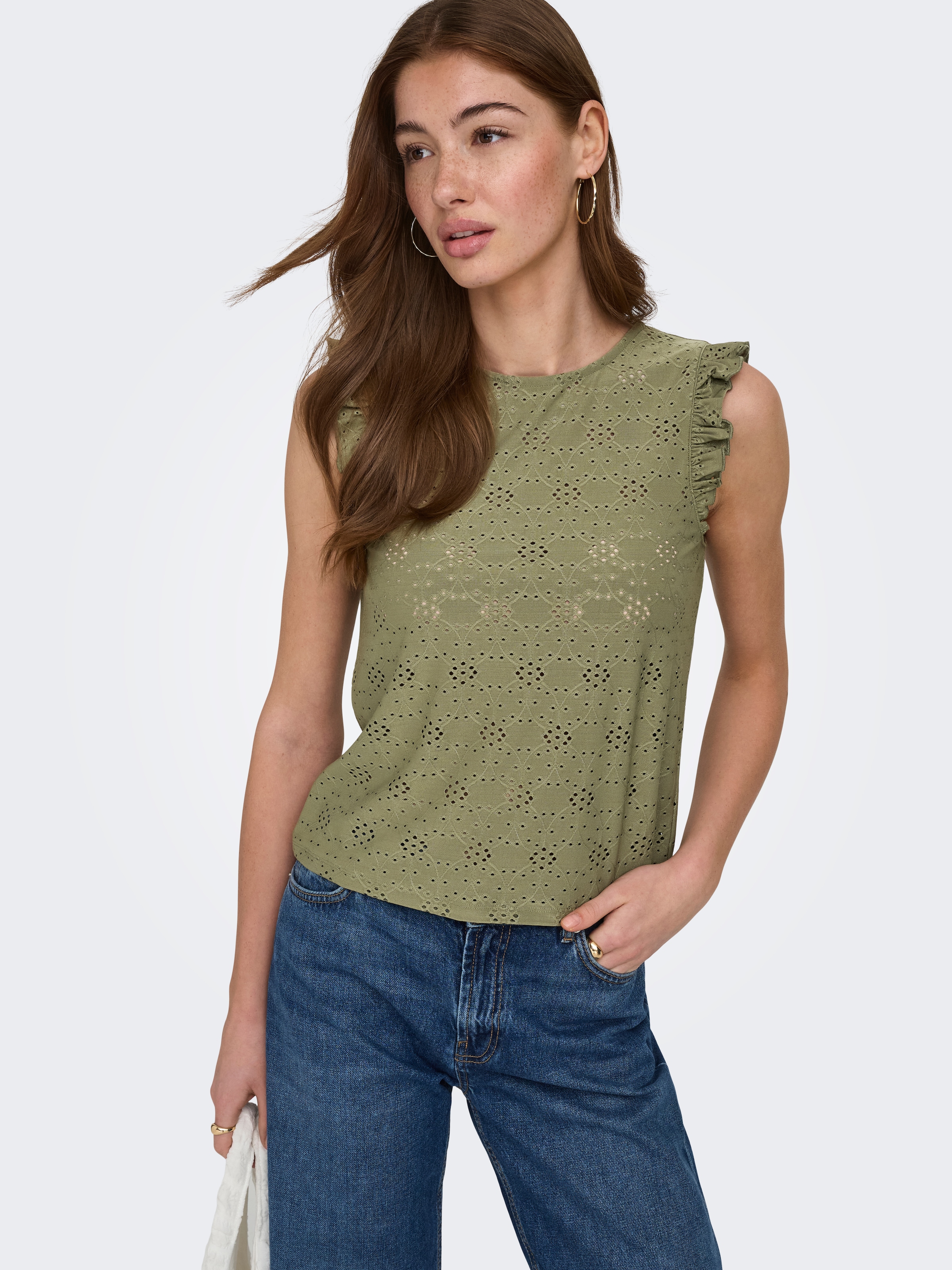 ONLY Haut de chemise »ONLSMILLA S/L FRILL TOP JRS« mélange de matières, coupe régulière, col rond