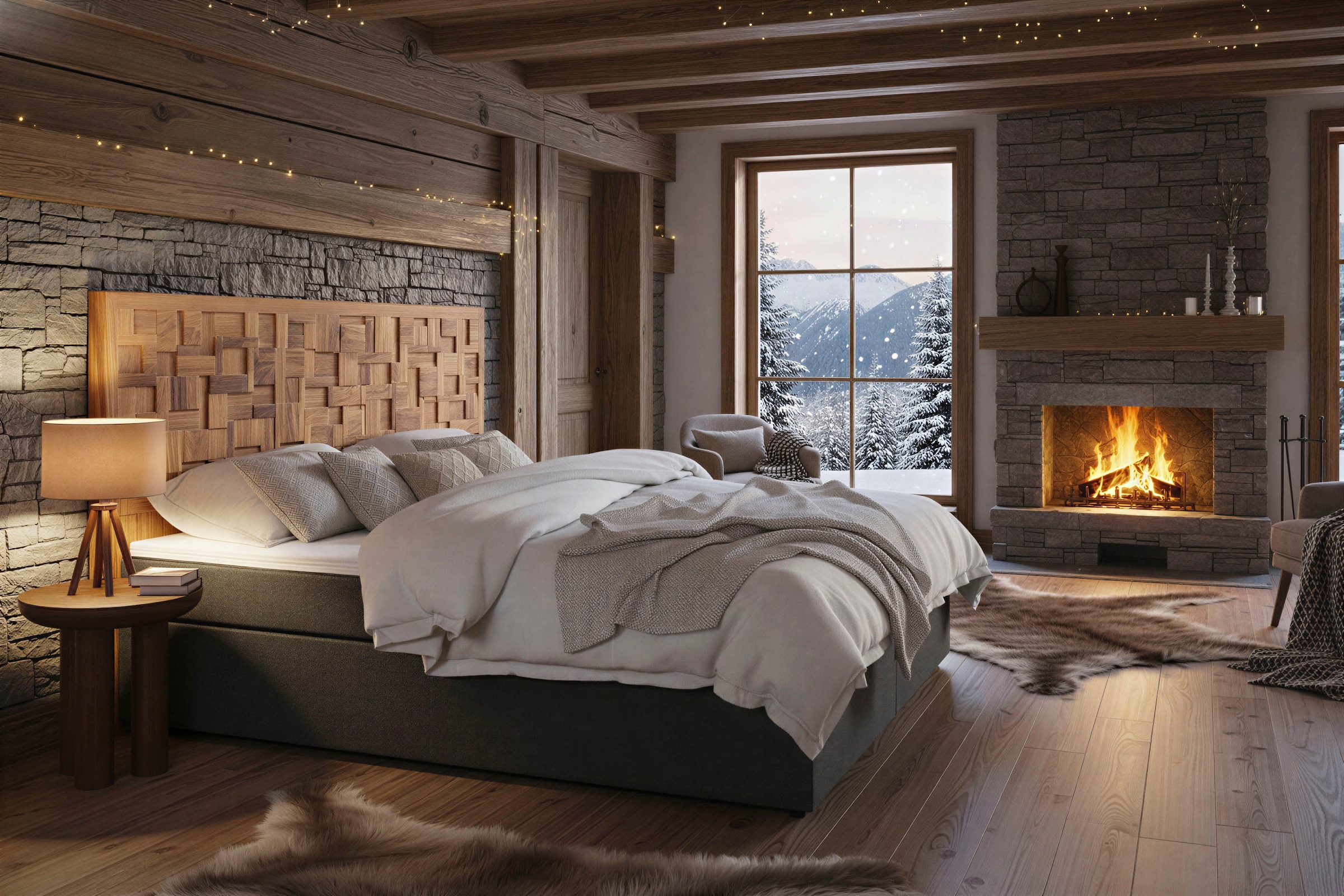 SIT Boxspringbett »Zwolle mit Holz-Mosaik-Kopfteil & 7-Zonen Matratze« Einzigartiges Teakholz-Mosaik Kopfteil & komfortabler Topper