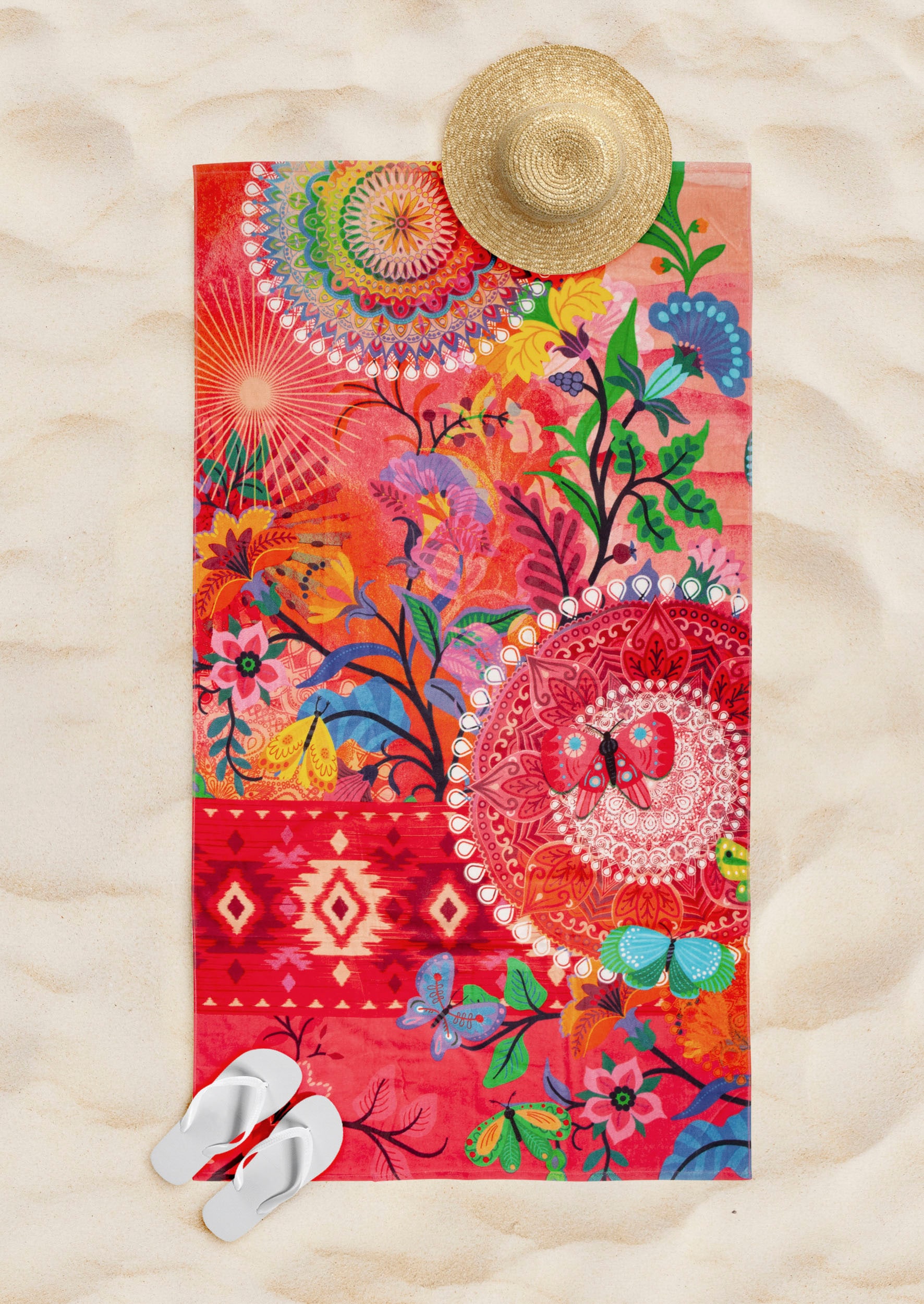 hip Strandtuch »Giselah« Baumwolle, Velours, 100x180, Weich, Strand, Mandala, Rosa, Rot, Bunt